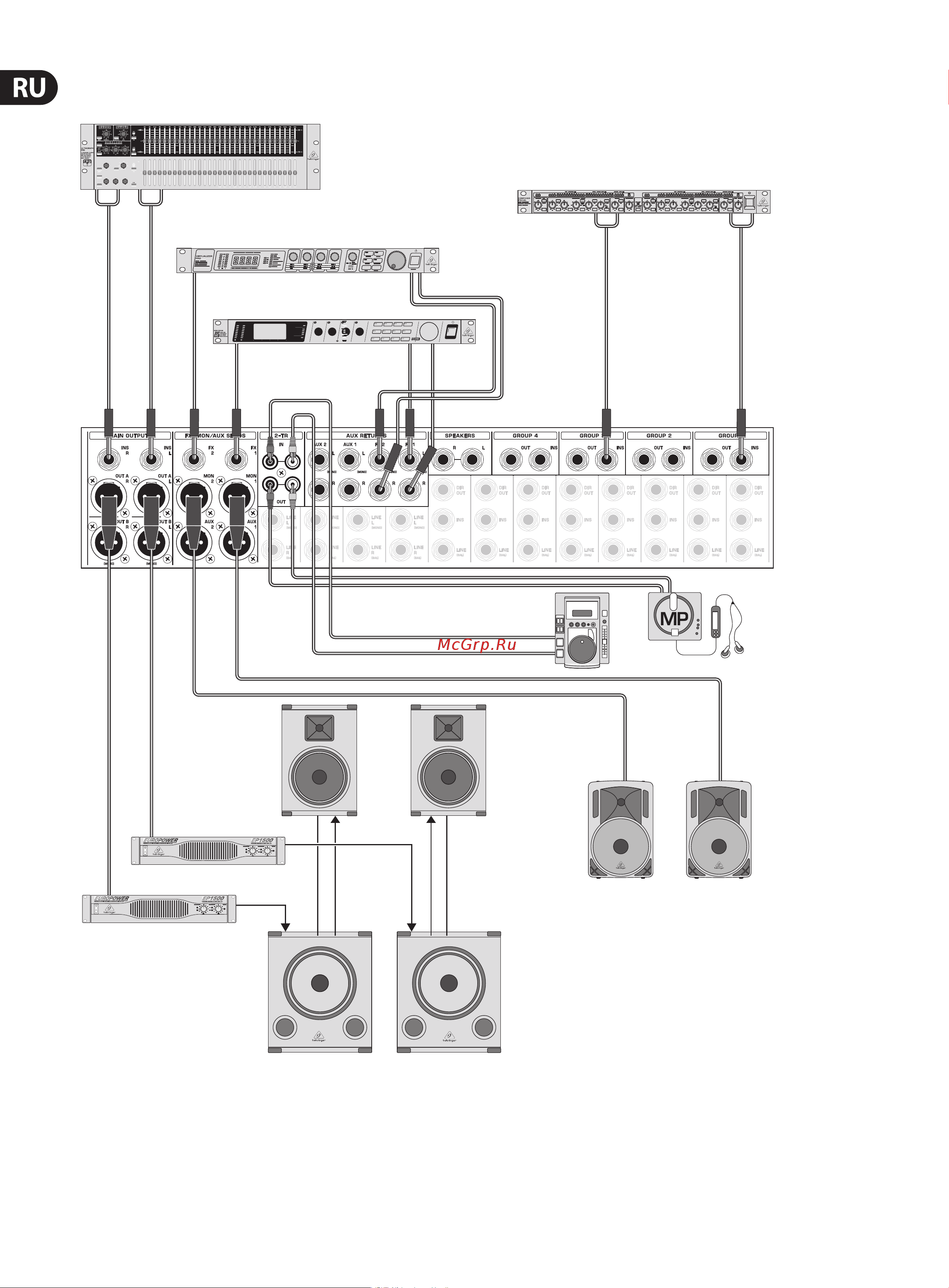 Behringer XL1600 [6/22] Пример кабельного соединения выходы