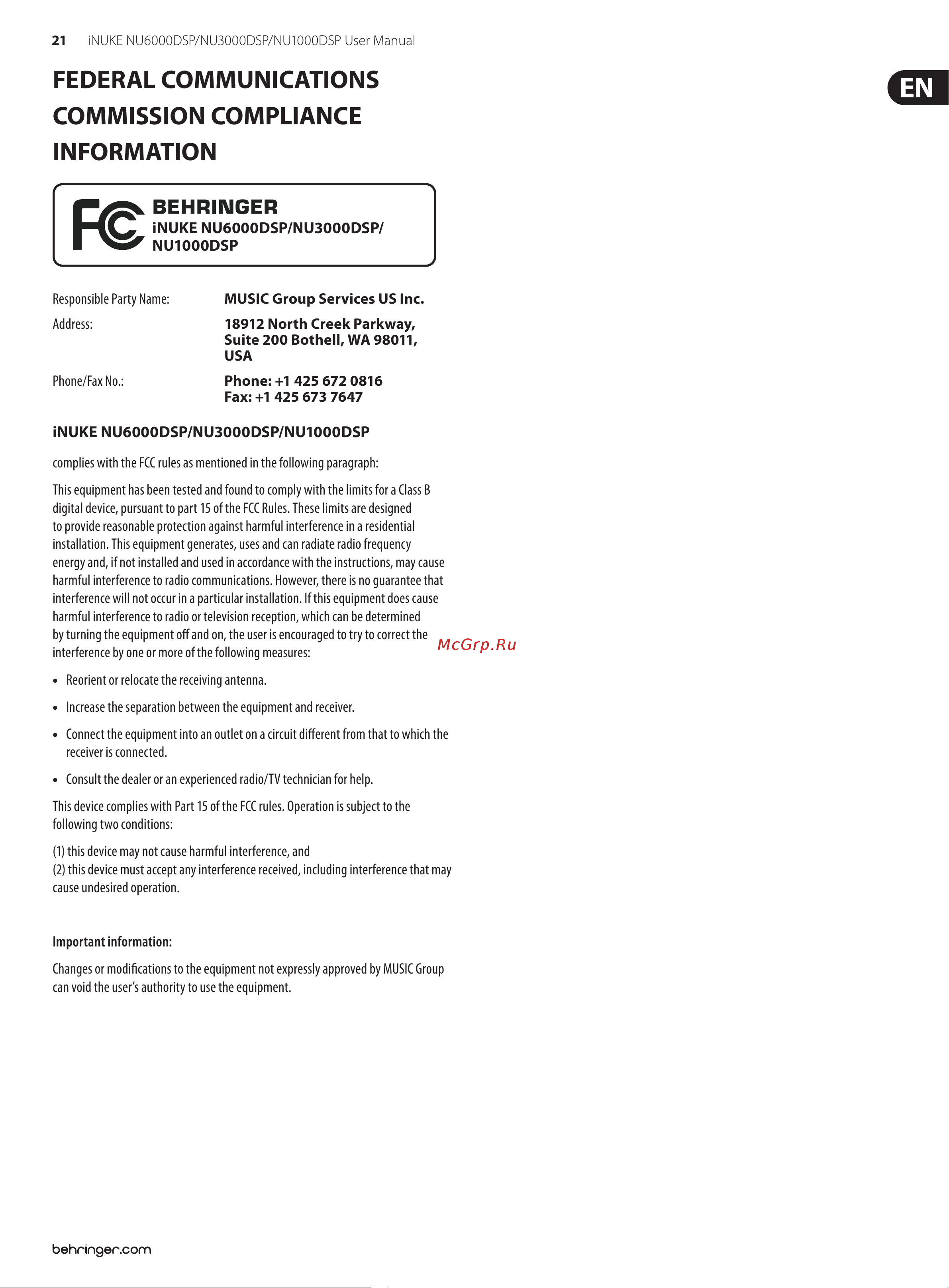 Behringer NU6000 [21/22] Federal communications commission compliance information