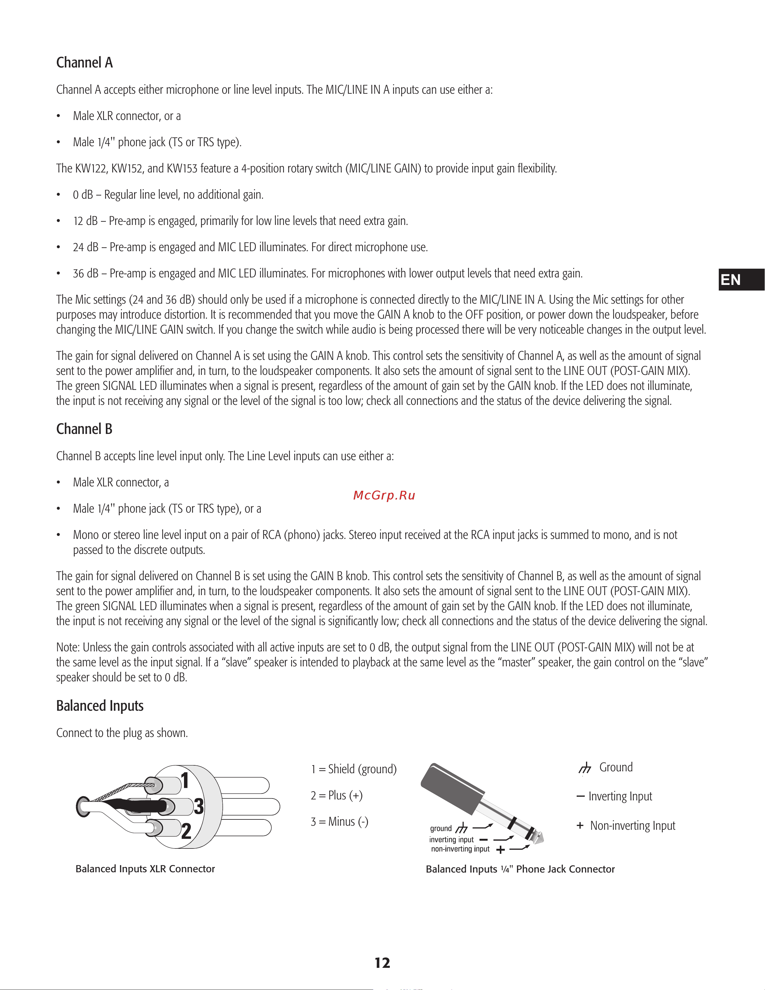 QSC KW153 [12/28] Balanced inputs