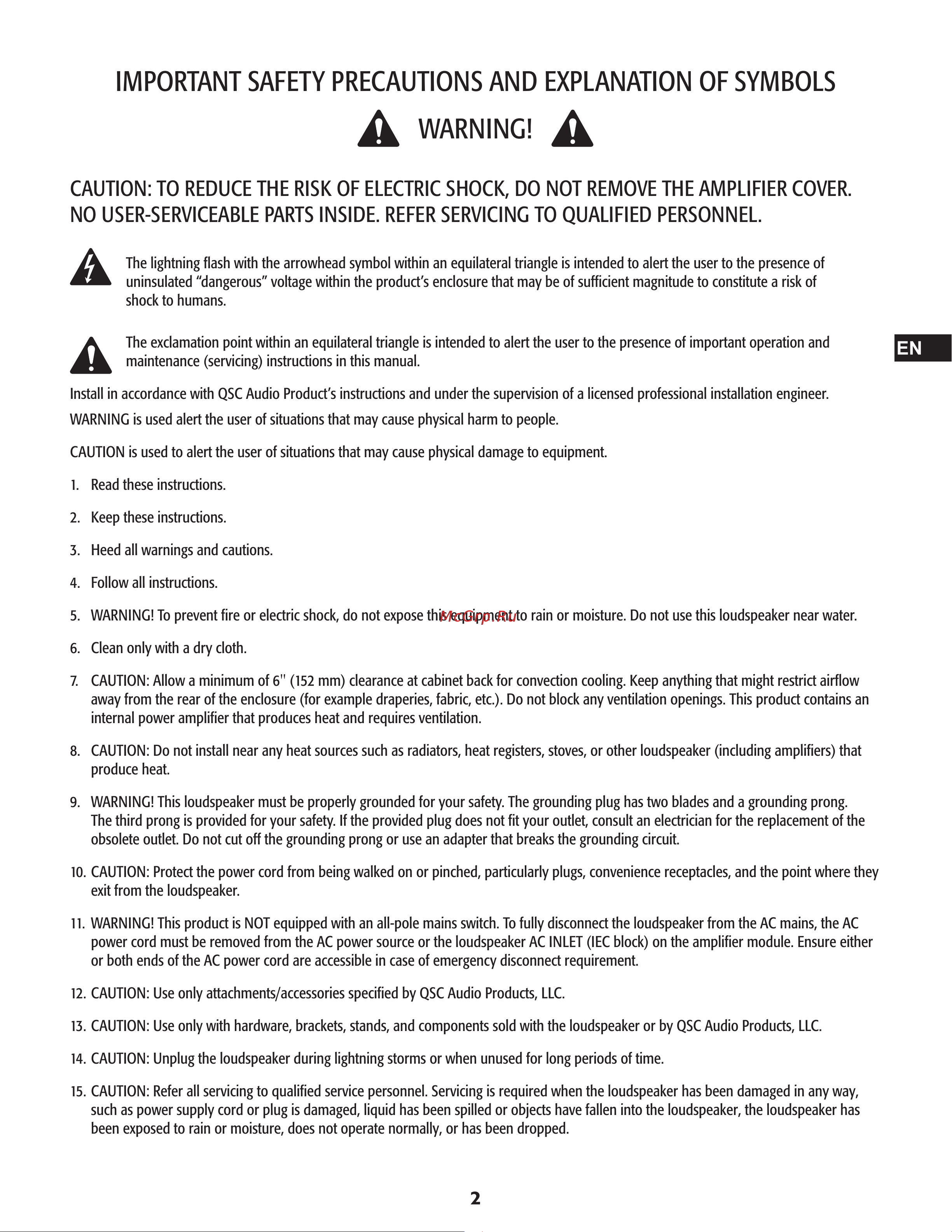 QSC KW153 [2/28] Caution to reduce the risk of electric shock do not remove the amplifier cover no user serviceable parts inside refer servicing to qualified personnel