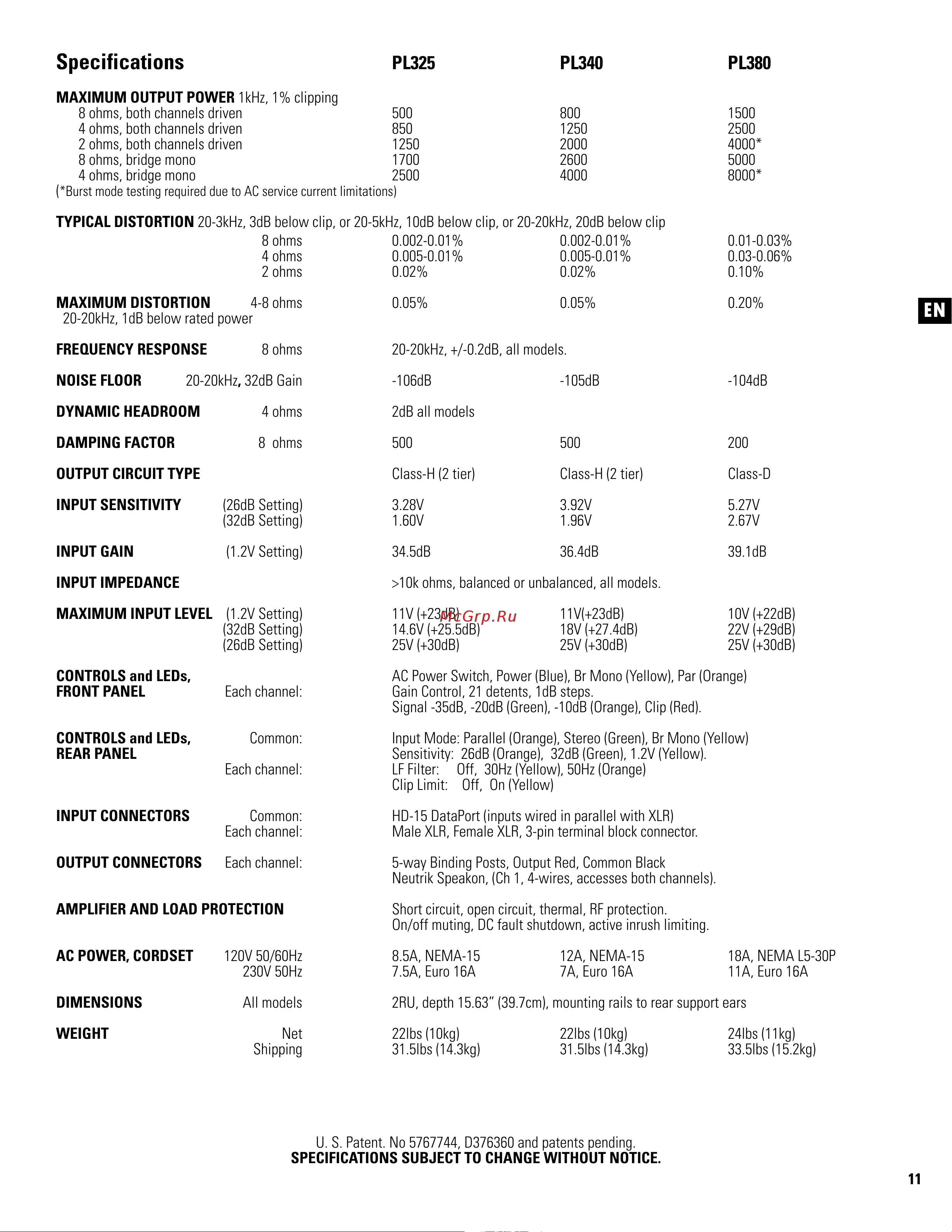 QSC PL380 [11/60] Specifications