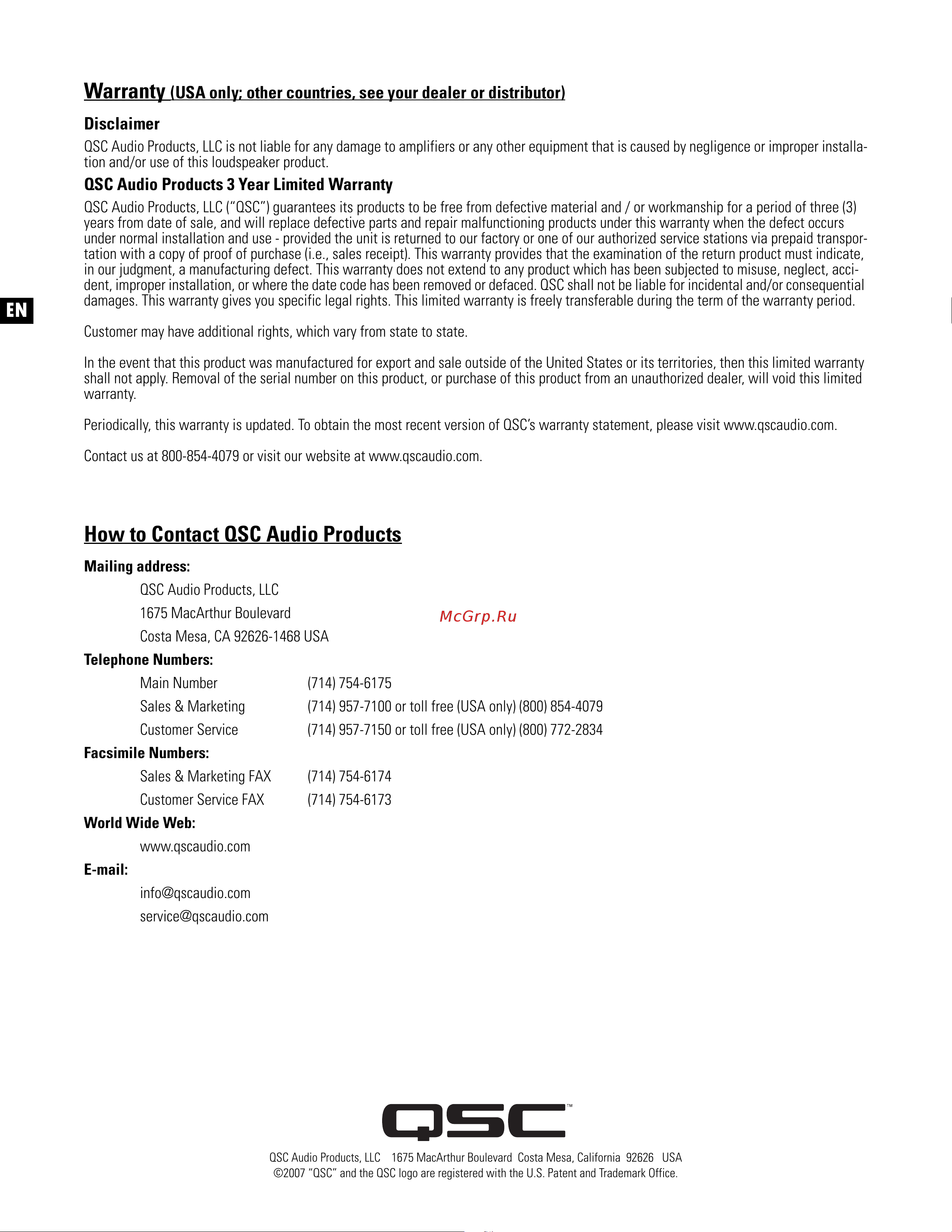 QSC PL380 [12/60] How to contact qsc audio products