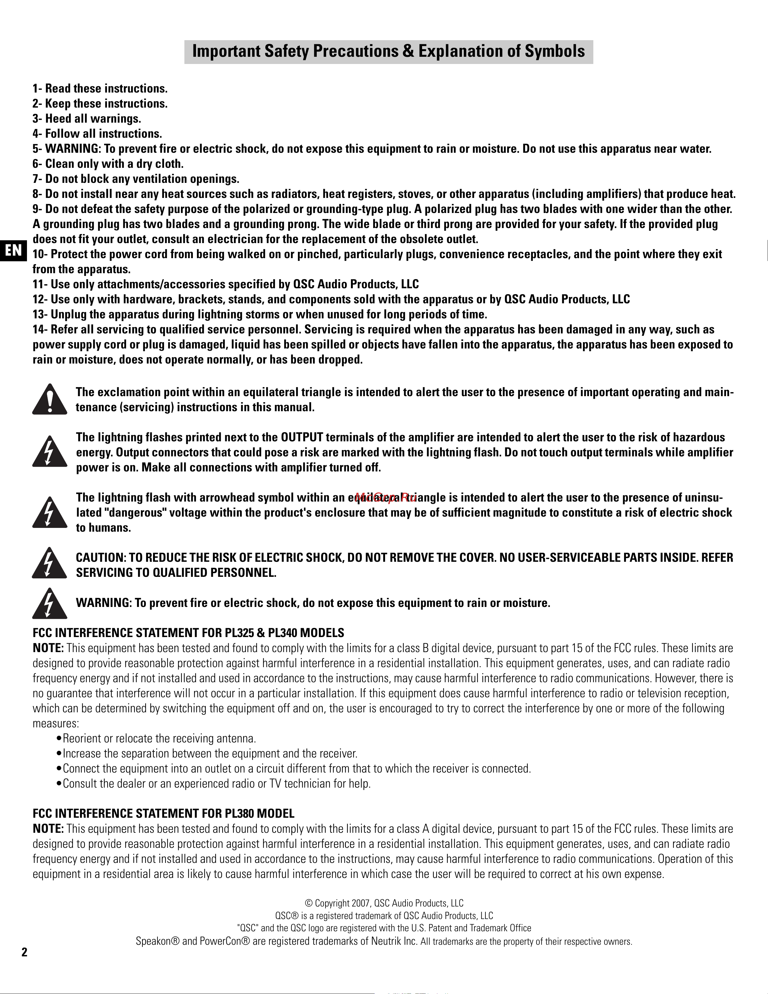 QSC PL380 [2/60] Important safety precautions explanation of symbols