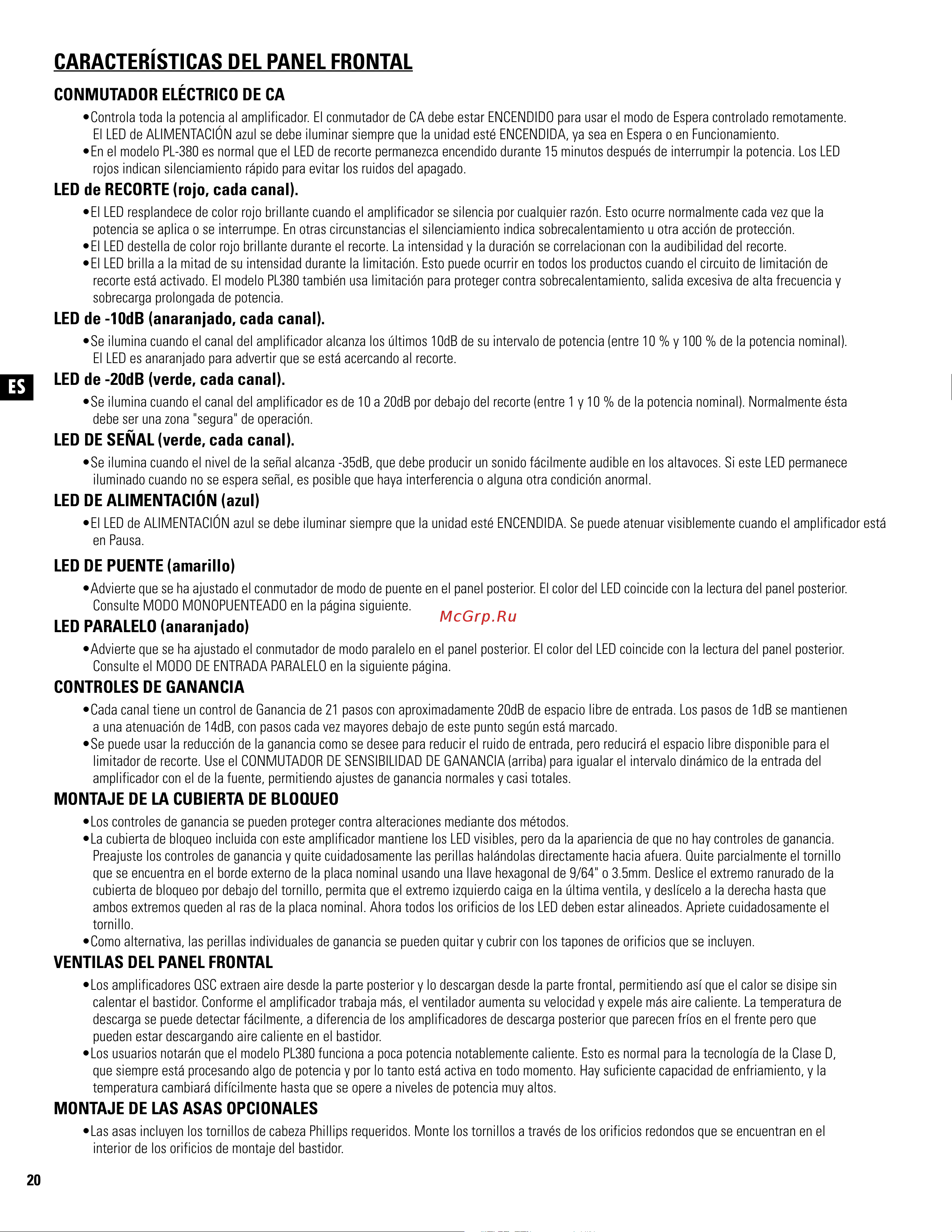 QSC PL380 [20/60] Características del panel frontal