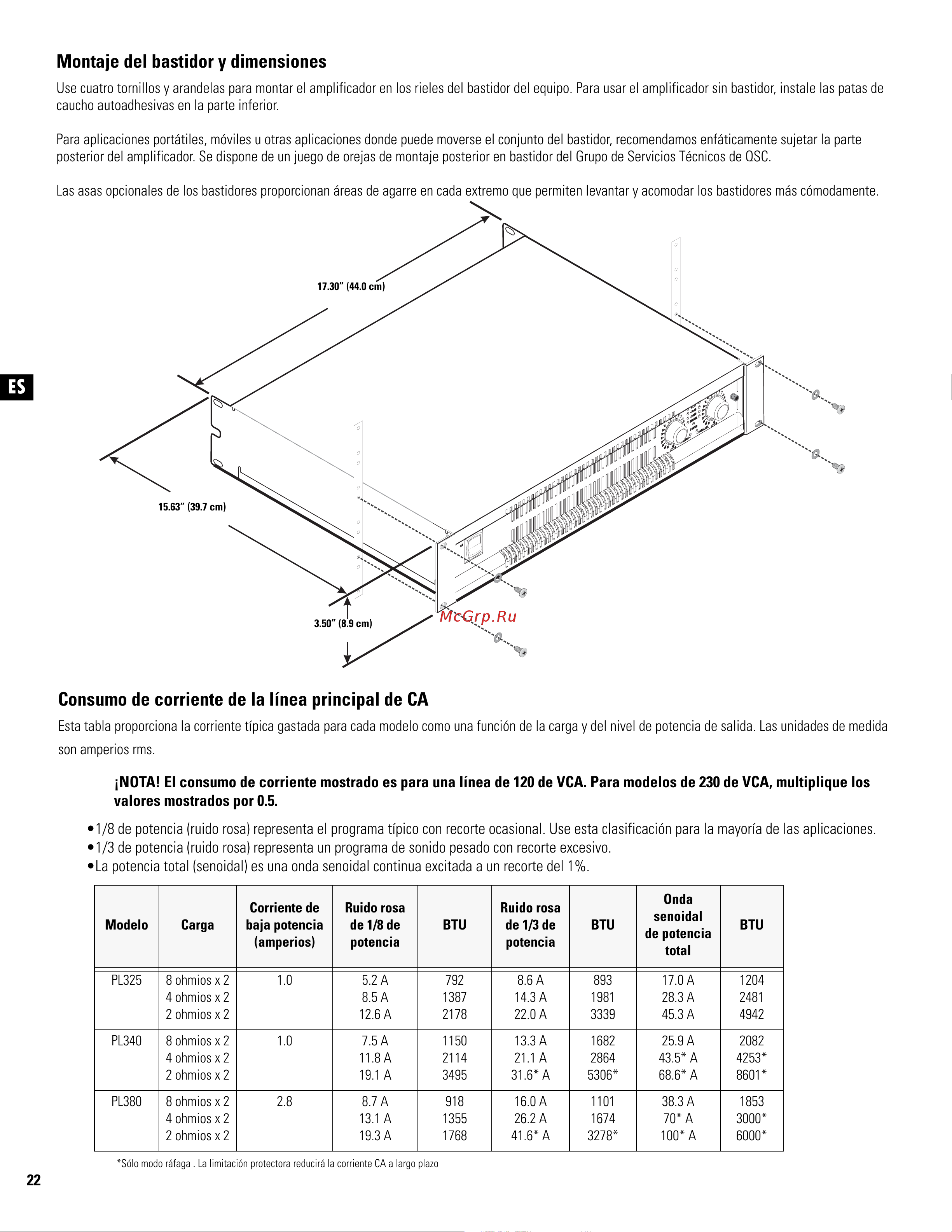 QSC PL380 [22/60] Consumo de corriente de la línea principal de ca