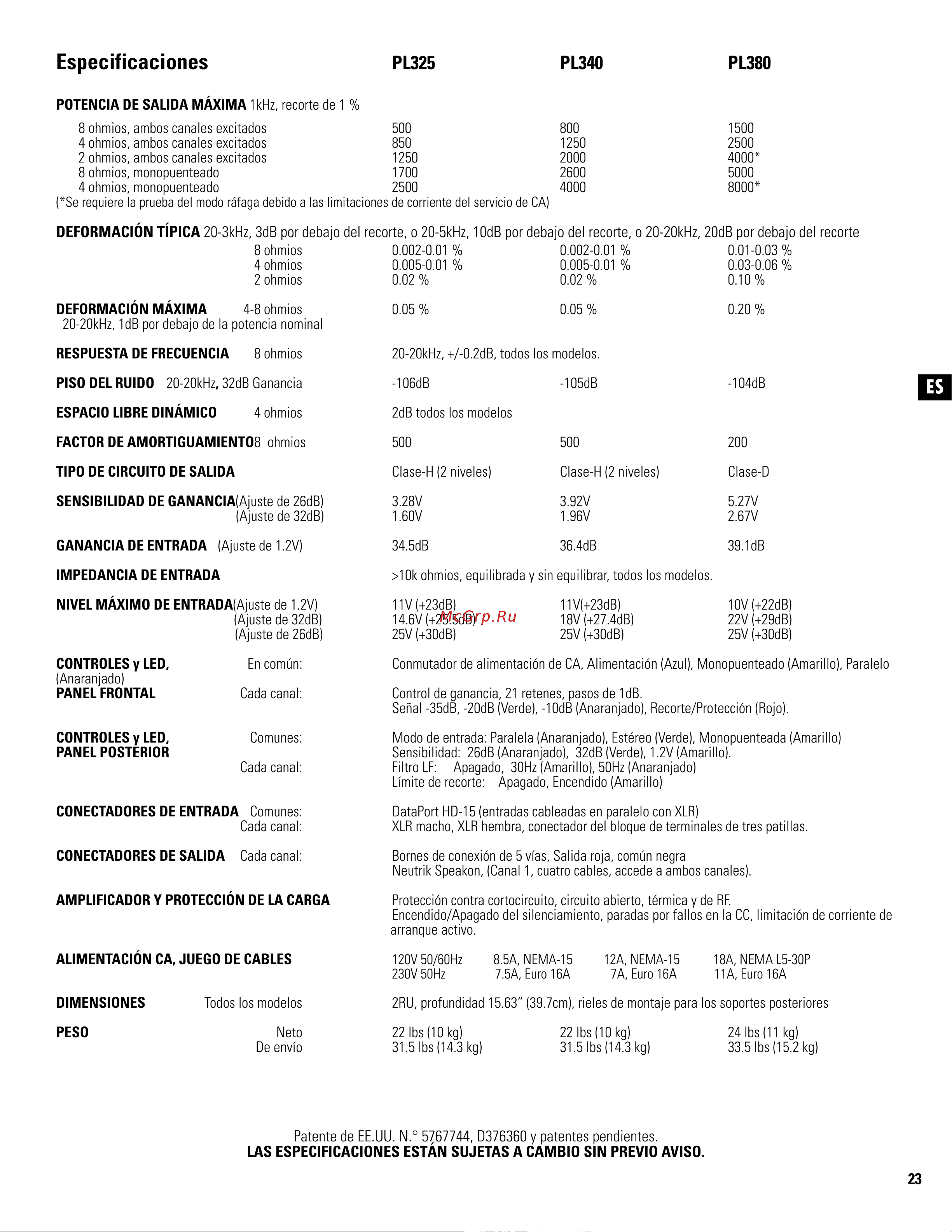 QSC PL380 [23/60] Especificaciones