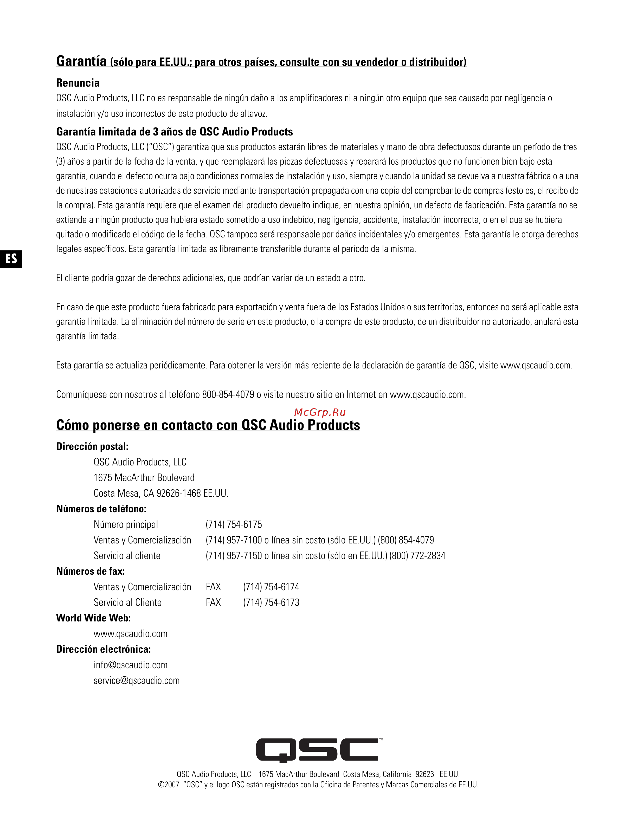 QSC PL380 [24/60] Cómo ponerse en contacto con qsc audio products