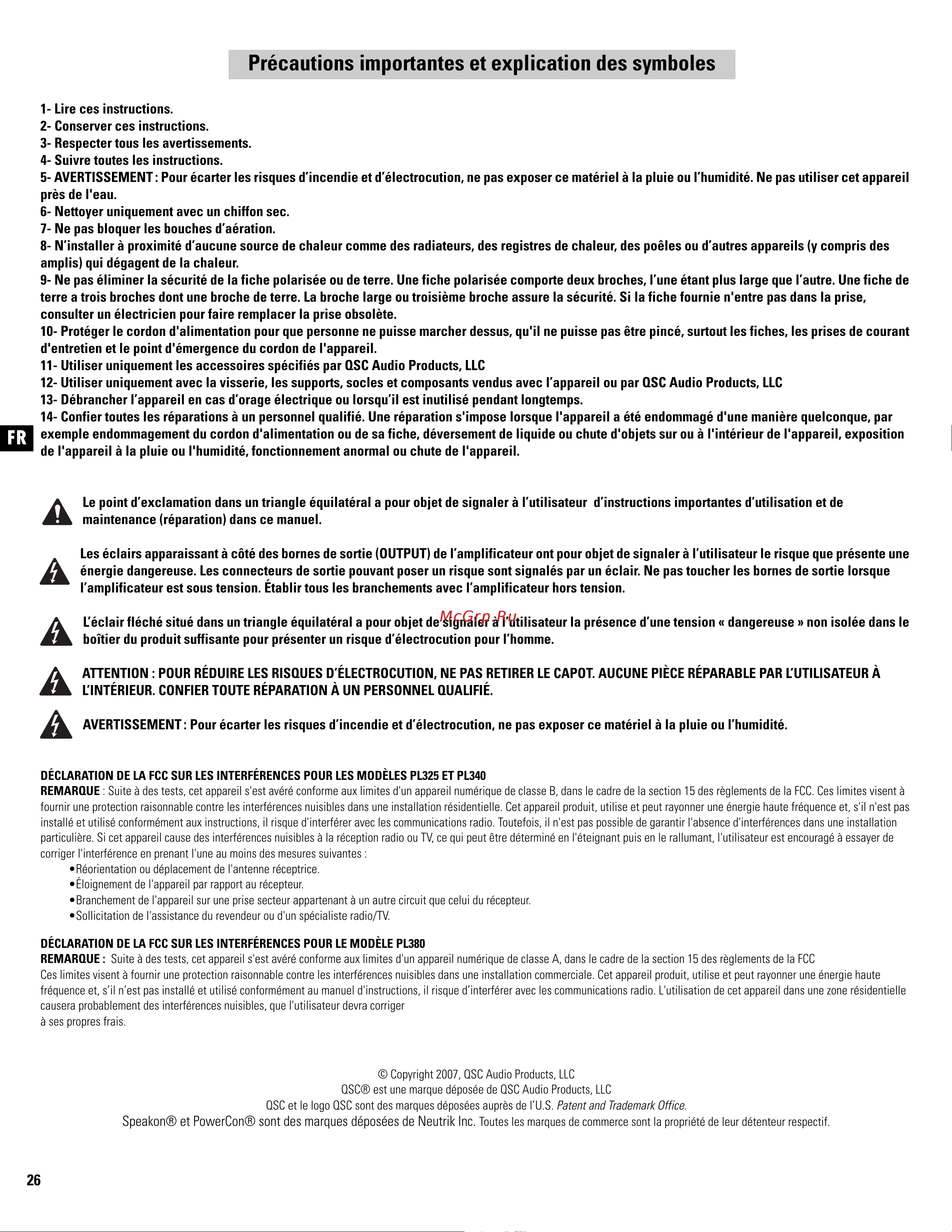 QSC PL380 [26/60] Précautions importantes et explication des symboles