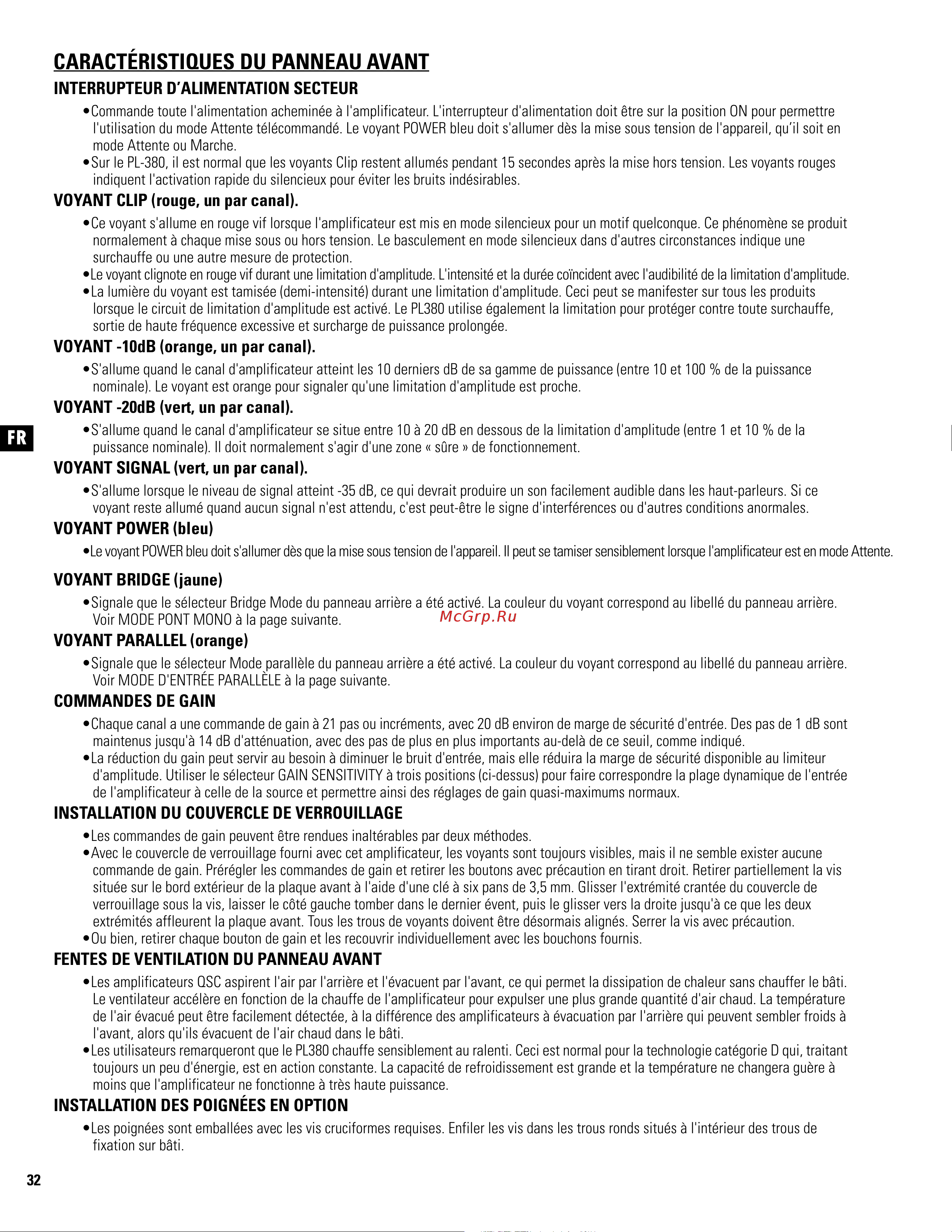 QSC PL380 [32/60] Caractéristiques du panneau avant