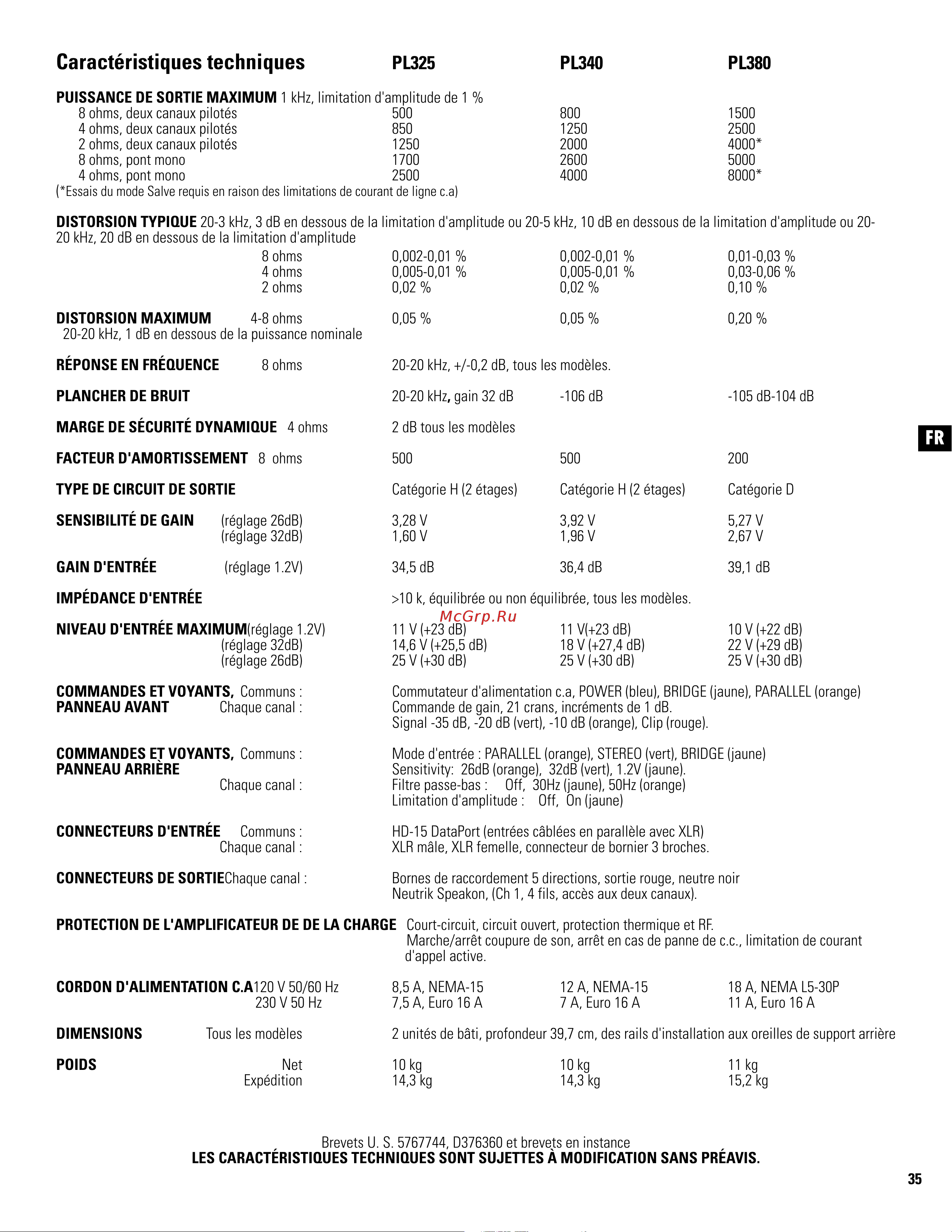 QSC PL380 [35/60] Caractéristiques techniques