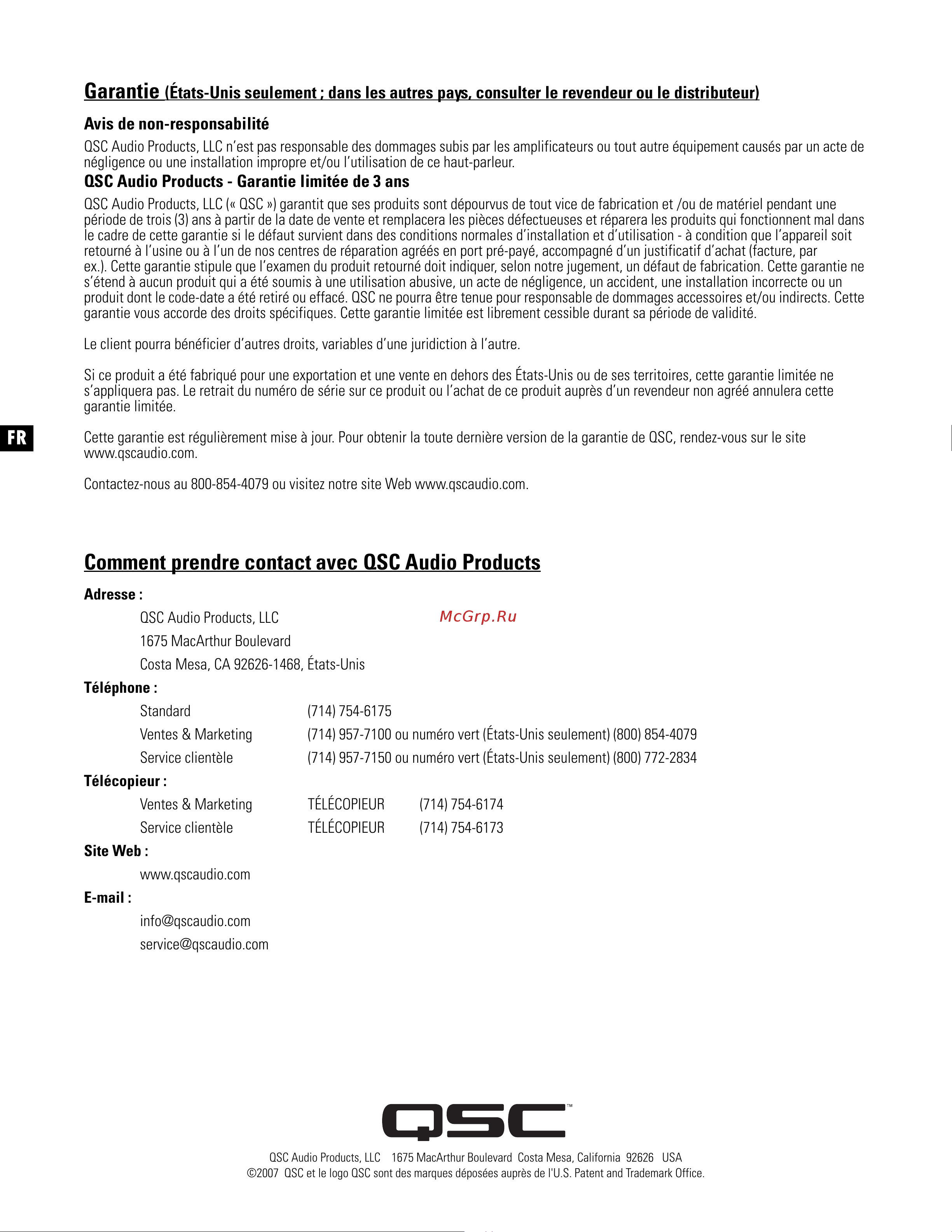 QSC PL380 [36/60] Comment prendre contact avec qsc audio products