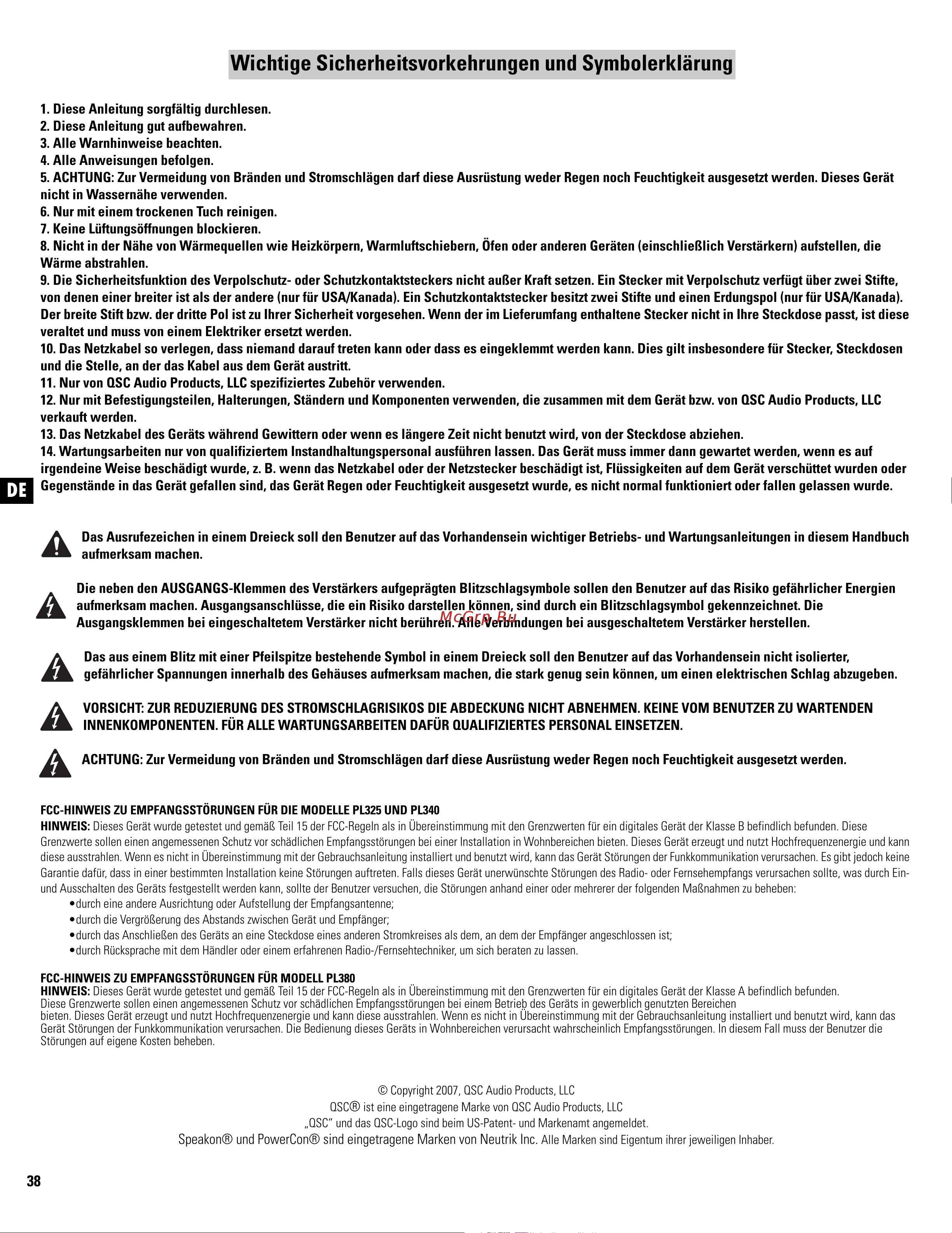 QSC PL380 [38/60] Wichtige sicherheitsvorkehrungen und symbolerklärung