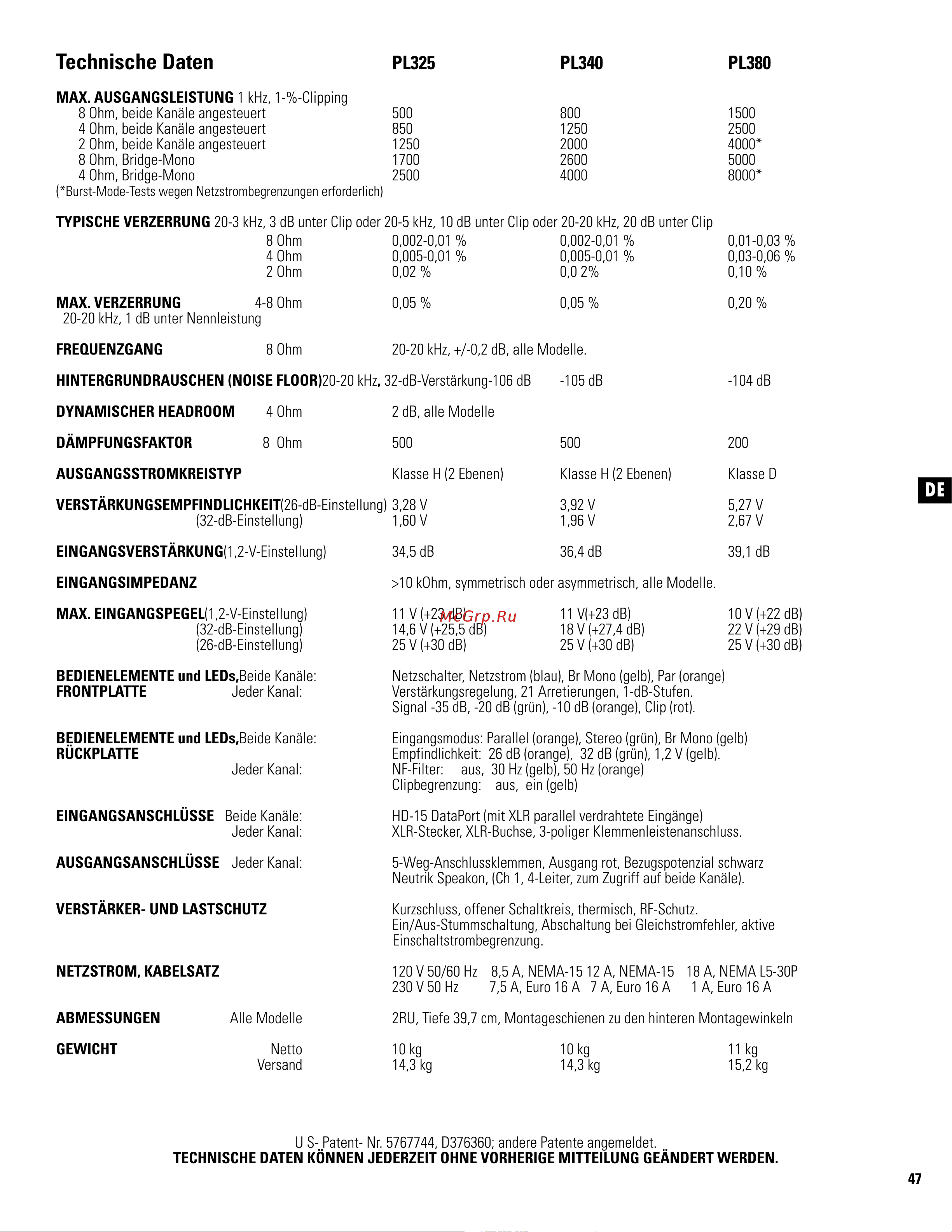 QSC PL380 [47/60] Technische daten