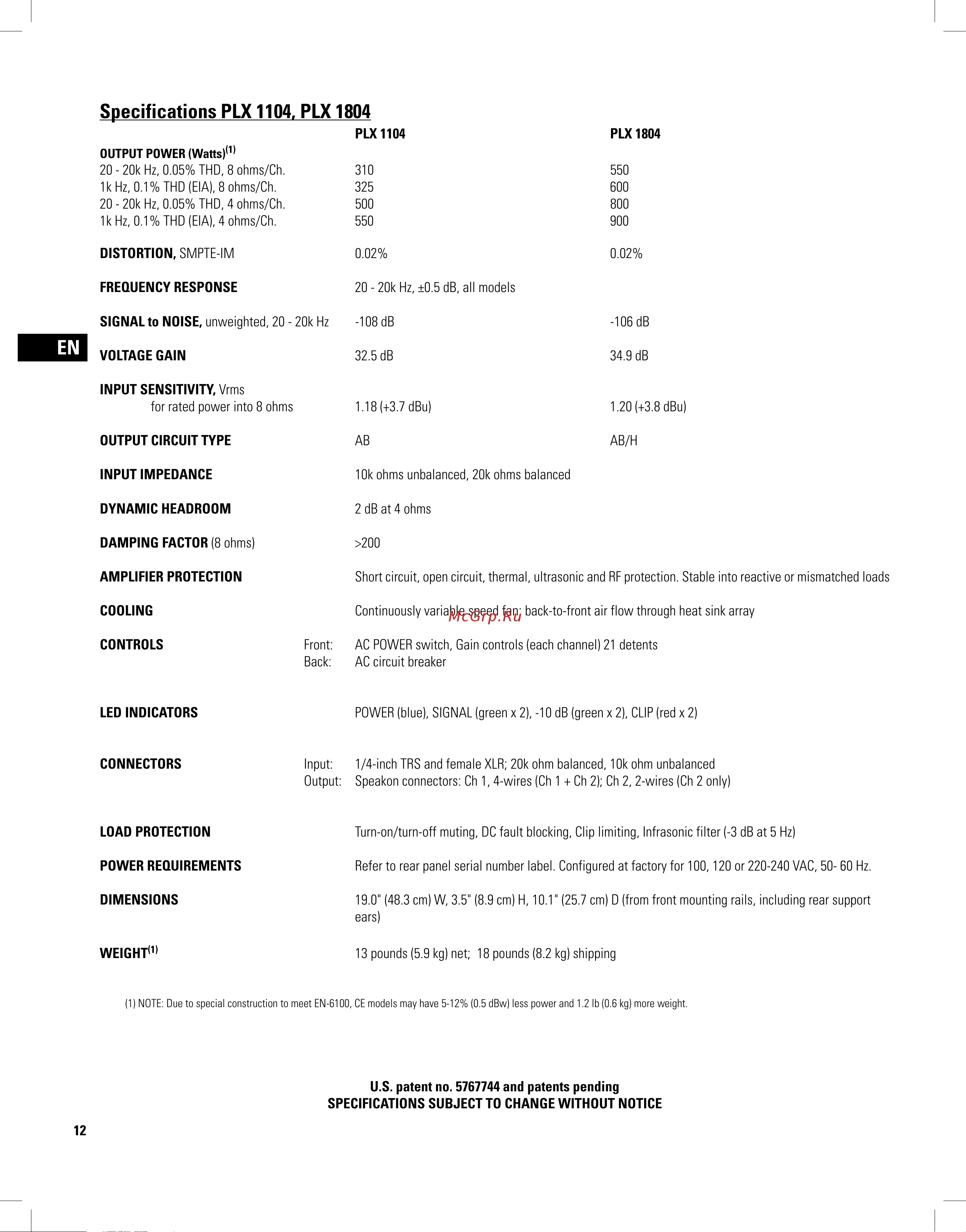 QSC PLX3102 [12/68] Specifications plx 1104 plx 1804