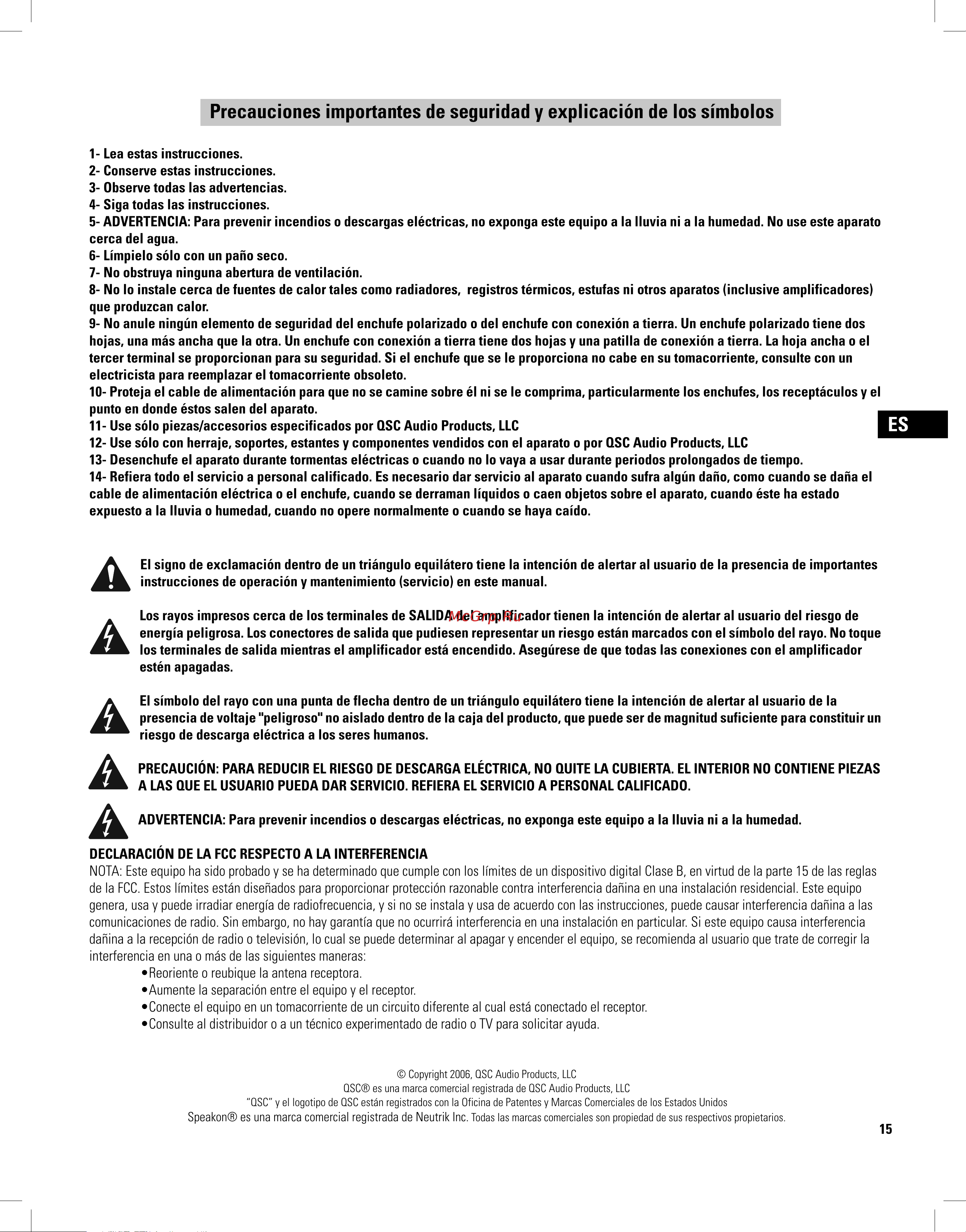 QSC PLX3102 [15/68] Precauciones importantes de seguridad y explicación de los símbolos