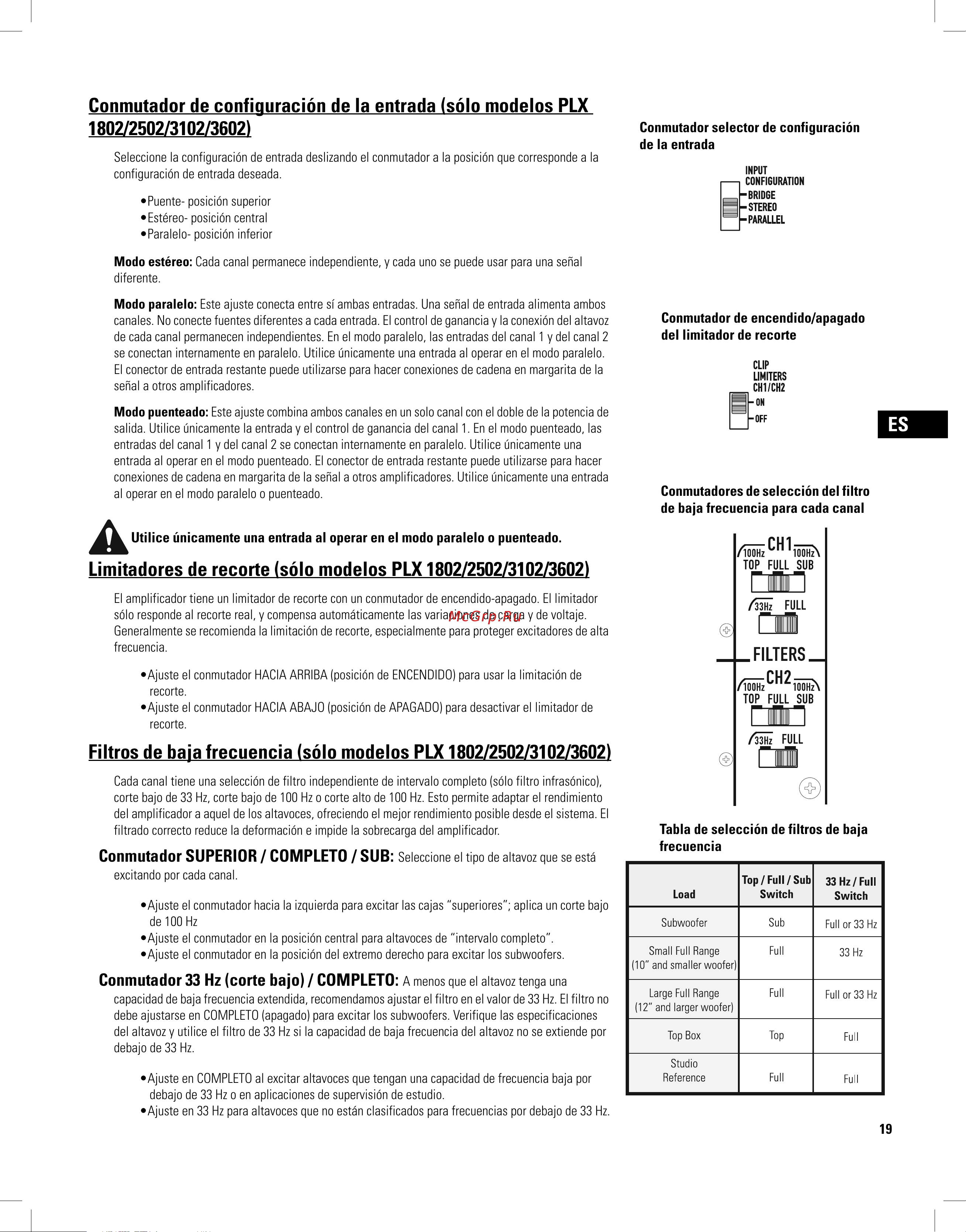 QSC PLX3102 [19/68] Conmutador de configuración de la entrada sólo modelos plx 1802 2502 3102 3602