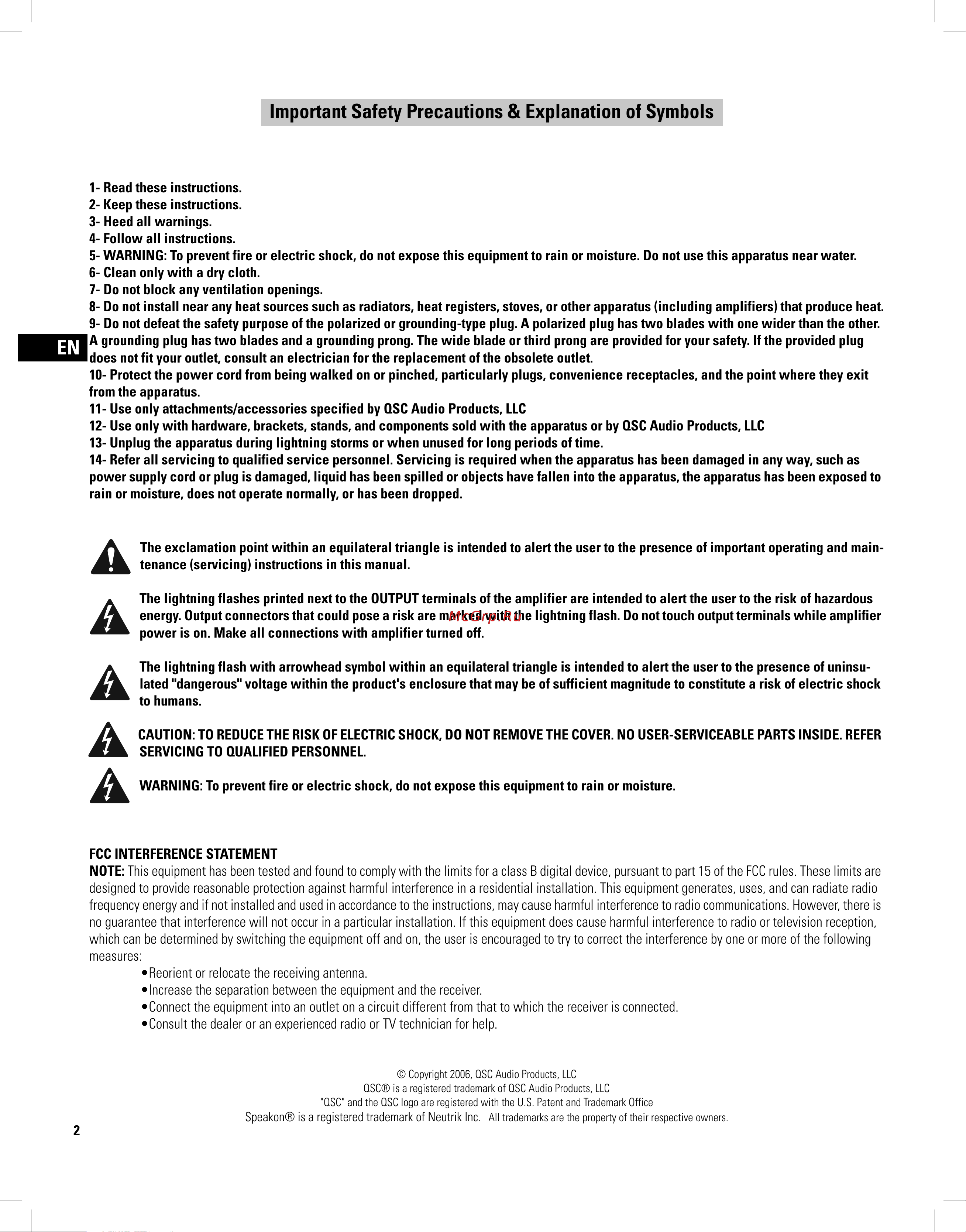QSC PLX3102 [2/68] Important safety precautions explanation of symbols