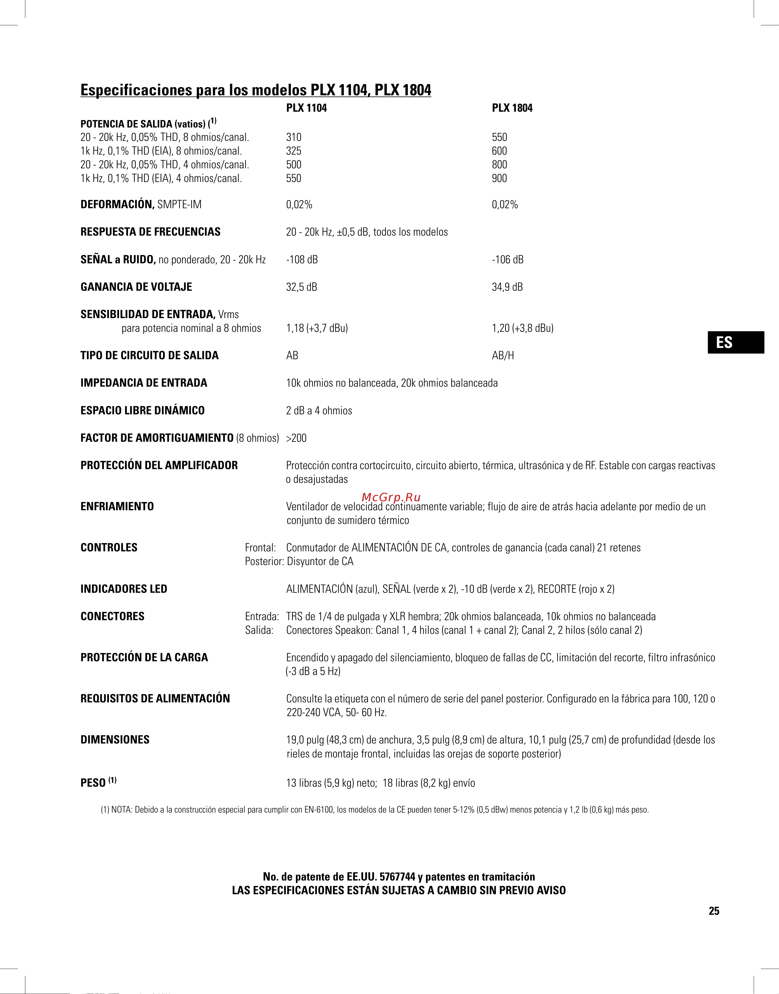 QSC PLX3102 [25/68] Especificaciones para los modelos plx 1104 plx 1804