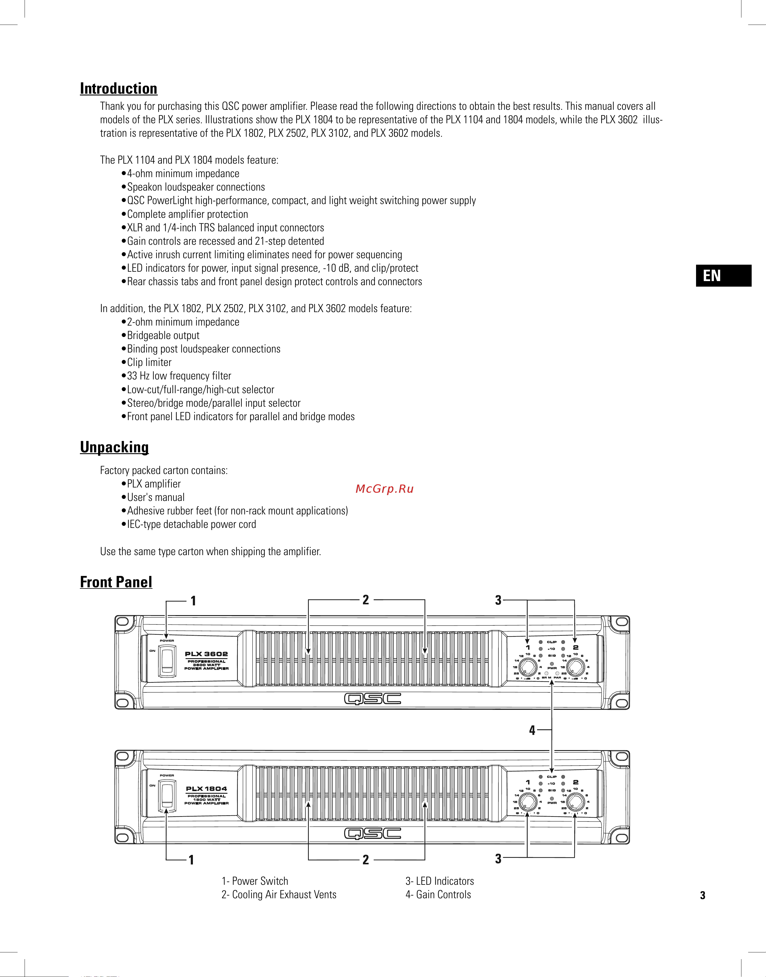 QSC PLX3102 [3/68] Front panel