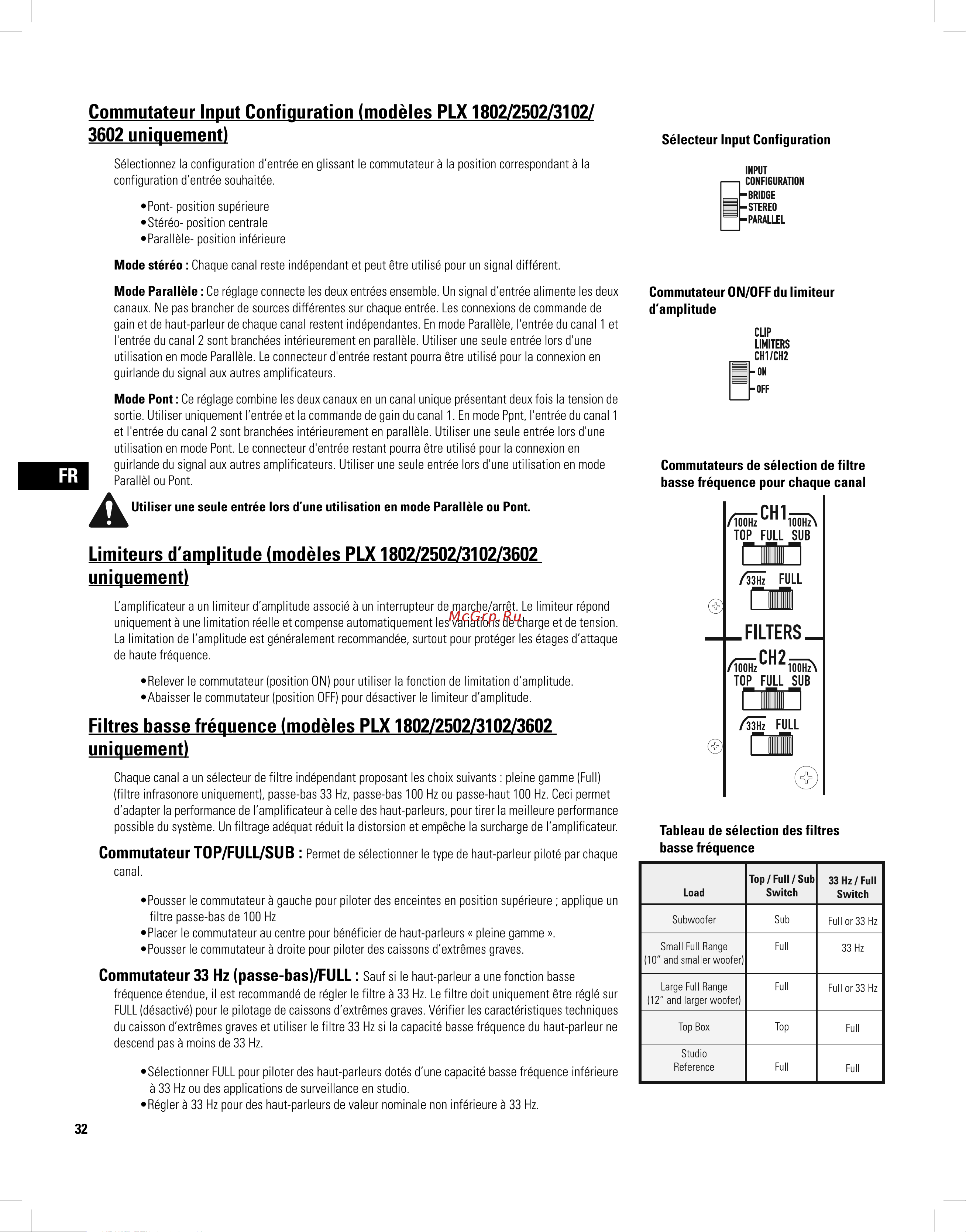 QSC PLX3102 [32/68] Commutateur input configuration modèles plx 1802 2502 3102 3602 uniquement