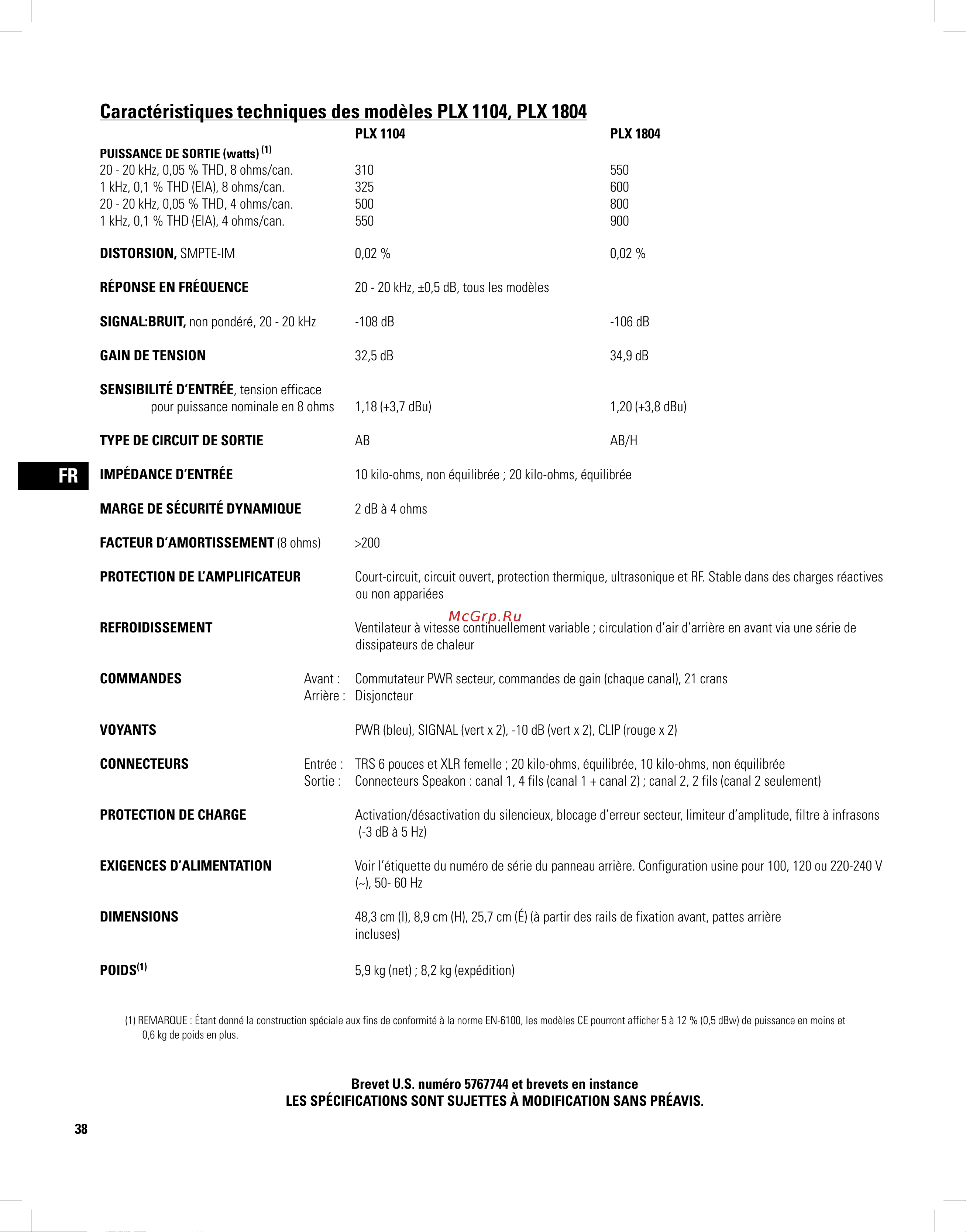 QSC PLX3102 [38/68] Caractéristiques techniques des modèles plx 1104 plx 1804