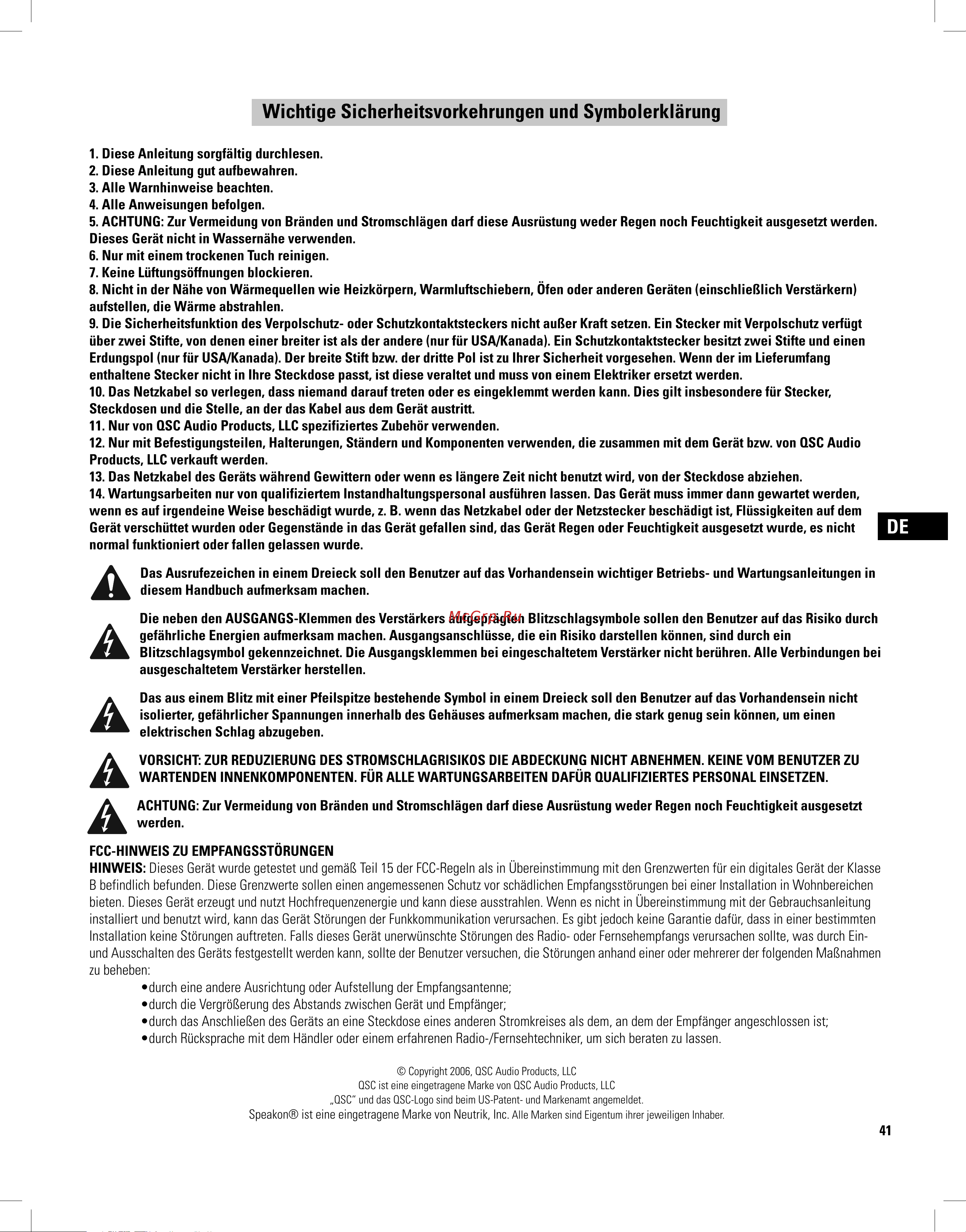 QSC PLX3102 [41/68] Wichtige sicherheitsvorkehrungen und symbolerklärung