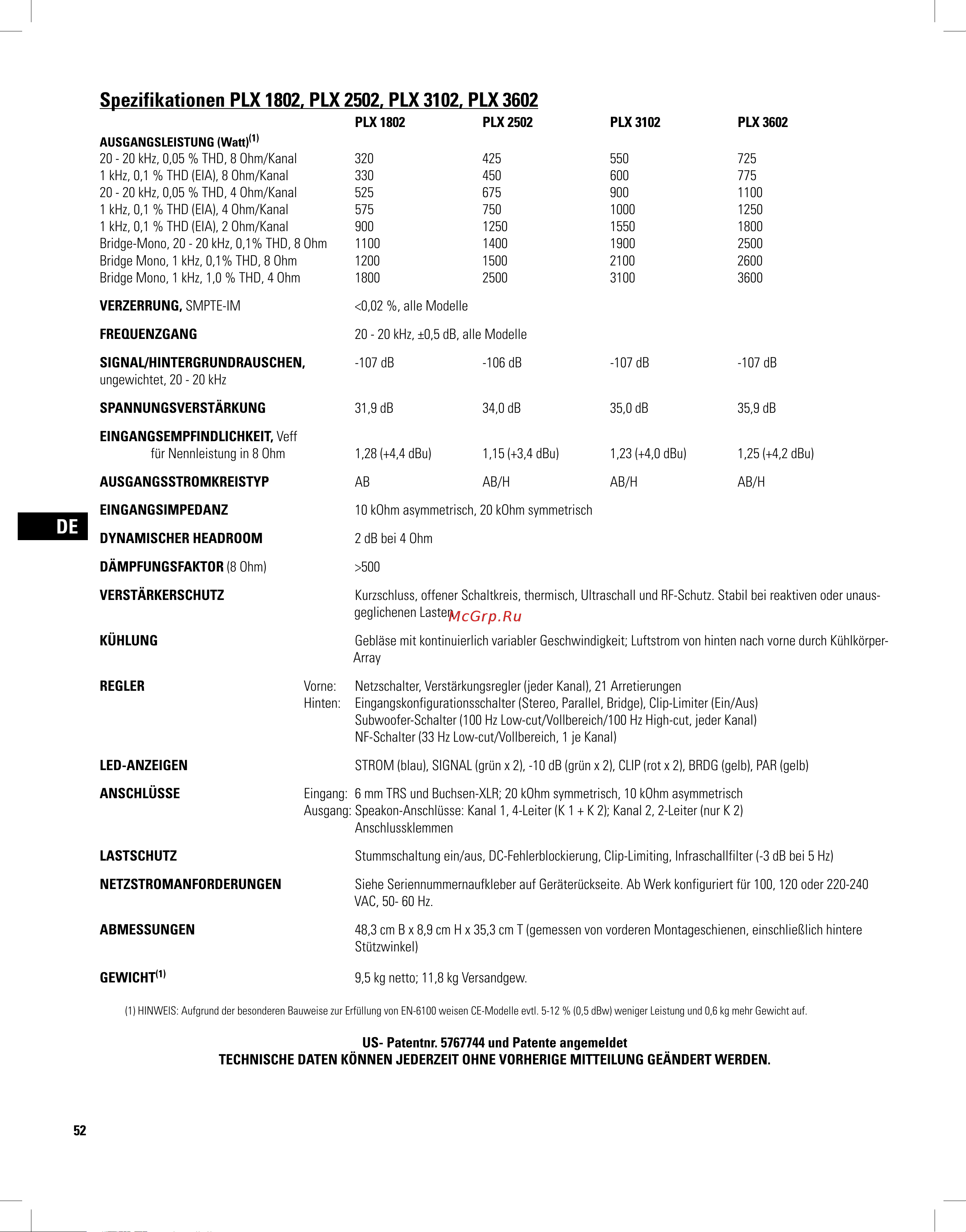QSC PLX3102 [52/68] Spezifikationen plx 1802 plx 2502 plx 3102 plx 3602