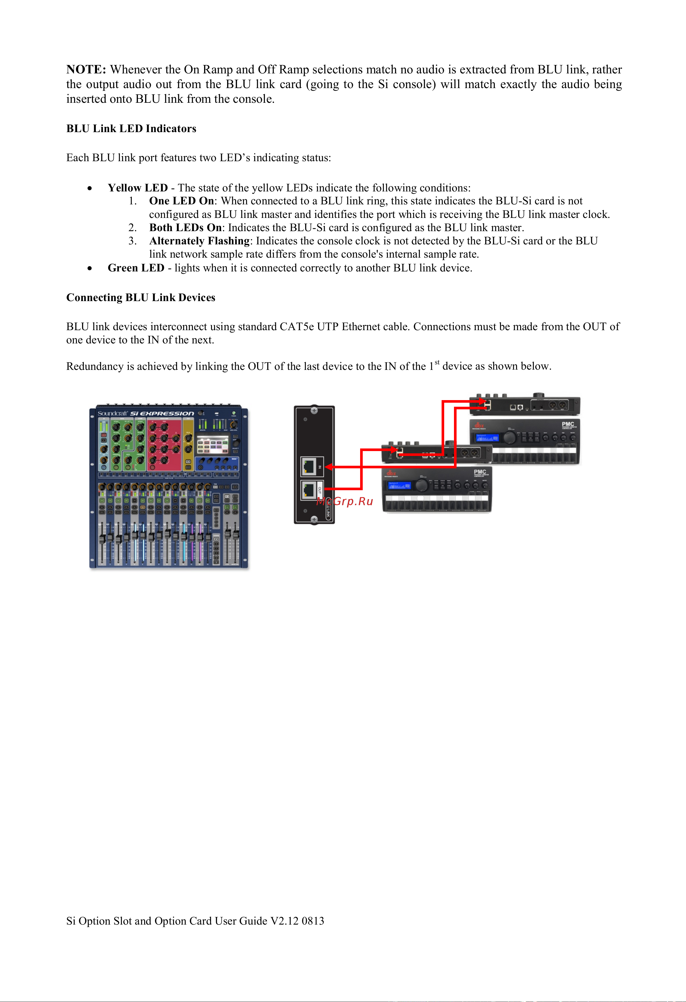 Soundcraft SiO-DANTE [17/17] Note whenever the on ramp and off ramp selections match no audio is extracted from blu link rather the output audio out from the blu link card going to the si console will match exactly the audio being inserted onto blu link from the console