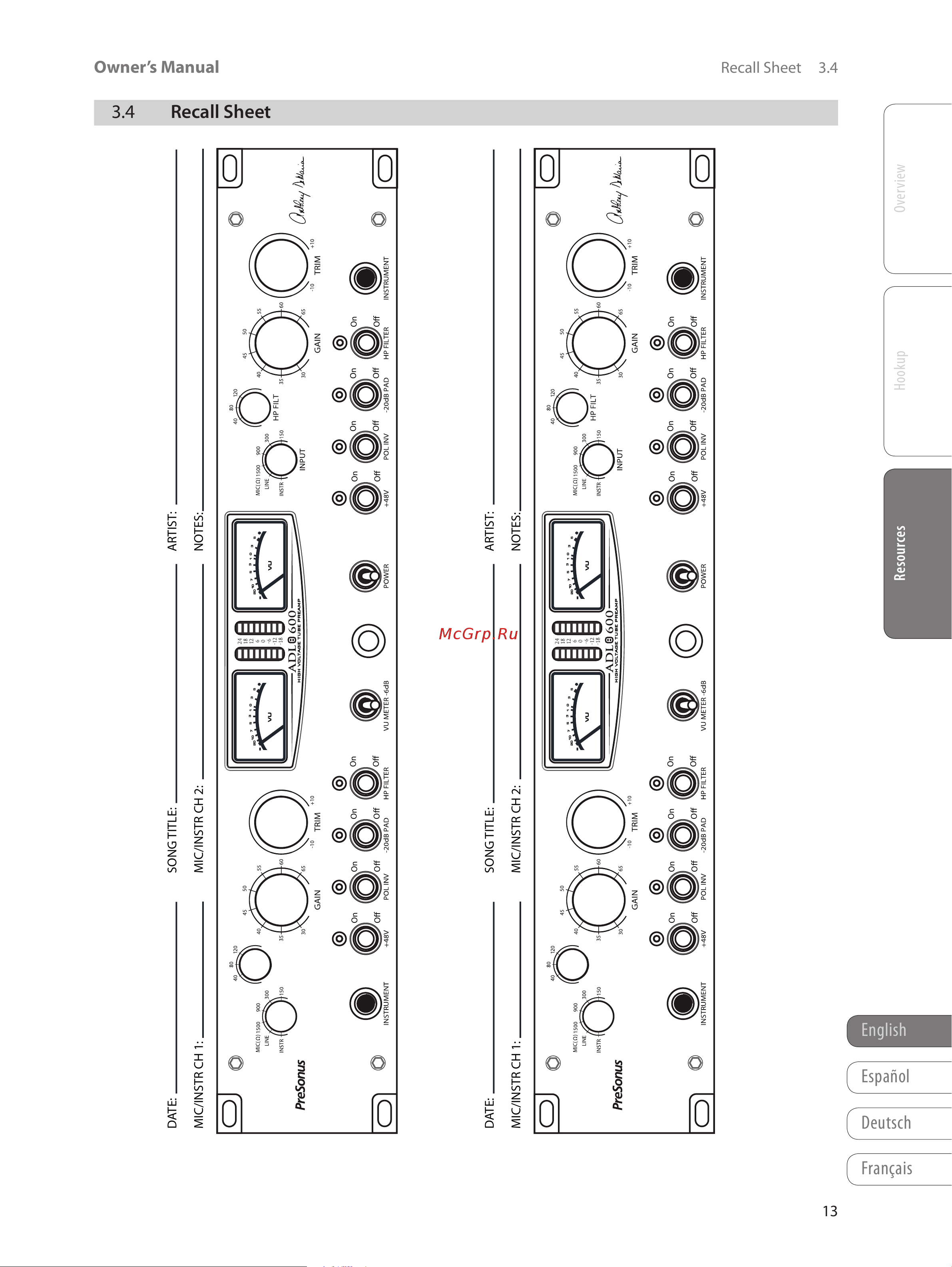 PRESONUS ADL600 [17/22] Recall sheet