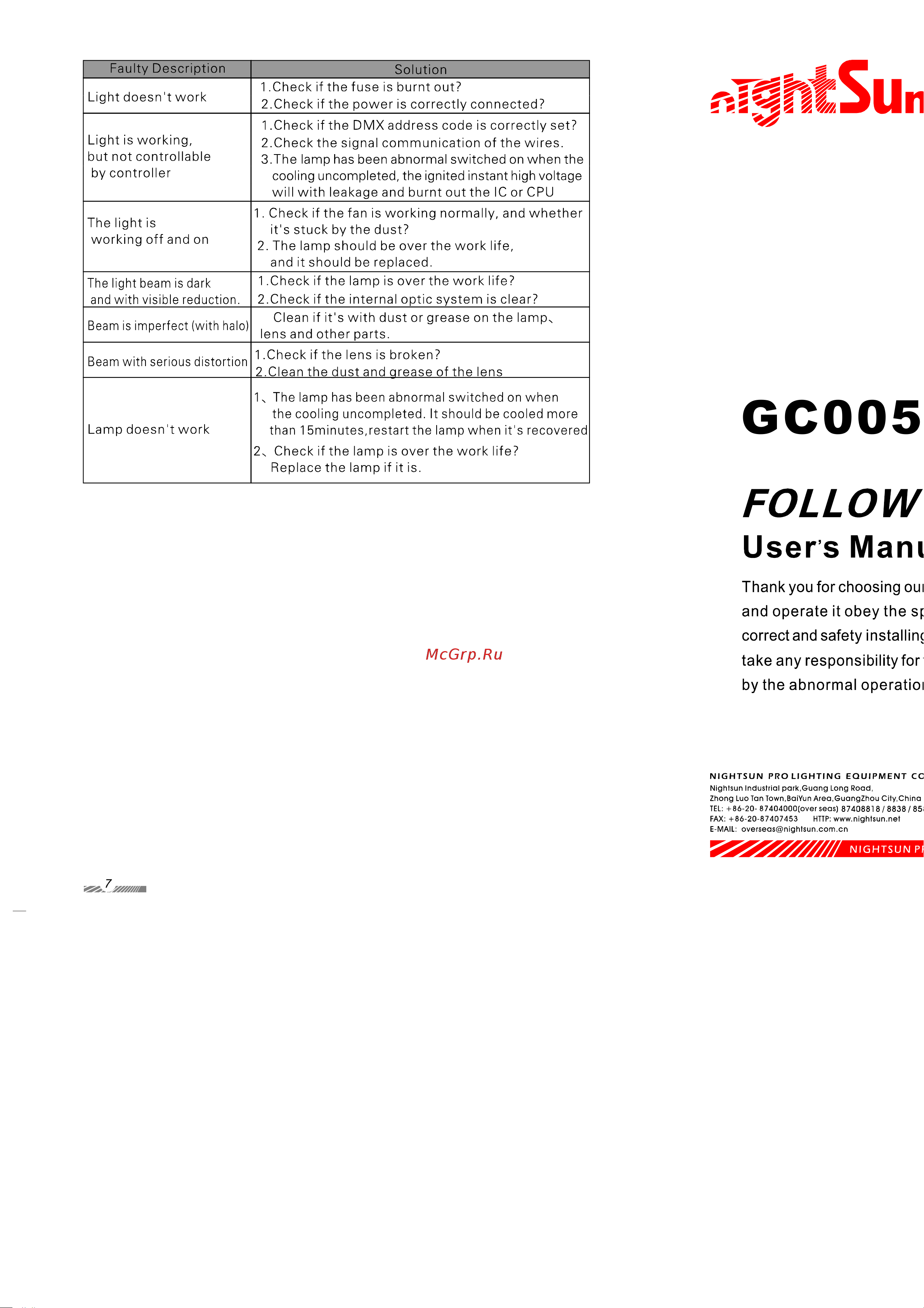 Nightsun GC005 Руководство по эксплуатации онлайн