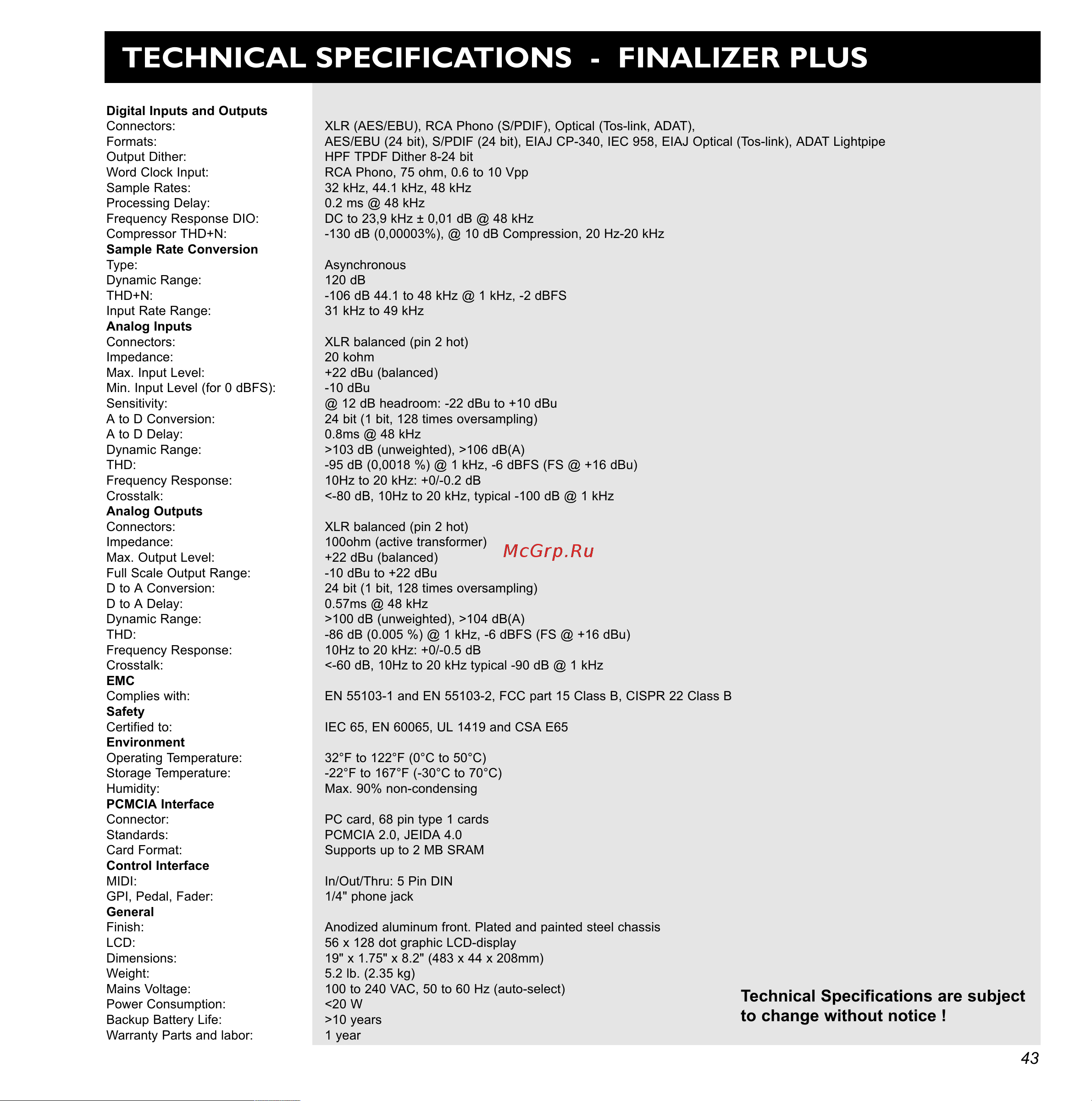 Tc Electronic Finalizer 96K [43/56] Technical specifications finalizer plus