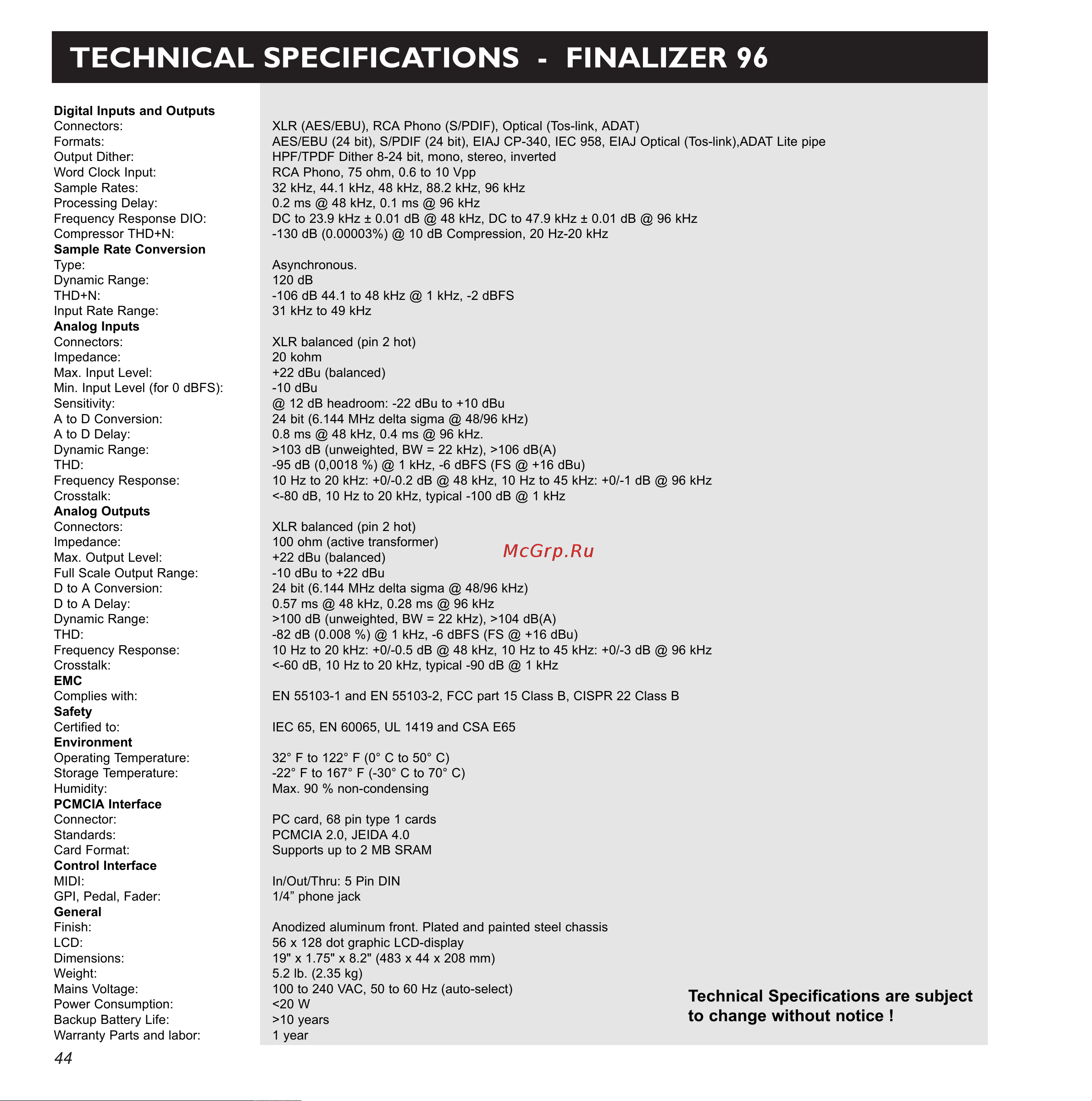 Tc Electronic Finalizer 96K [44/56] Technical specifications finalizer 96