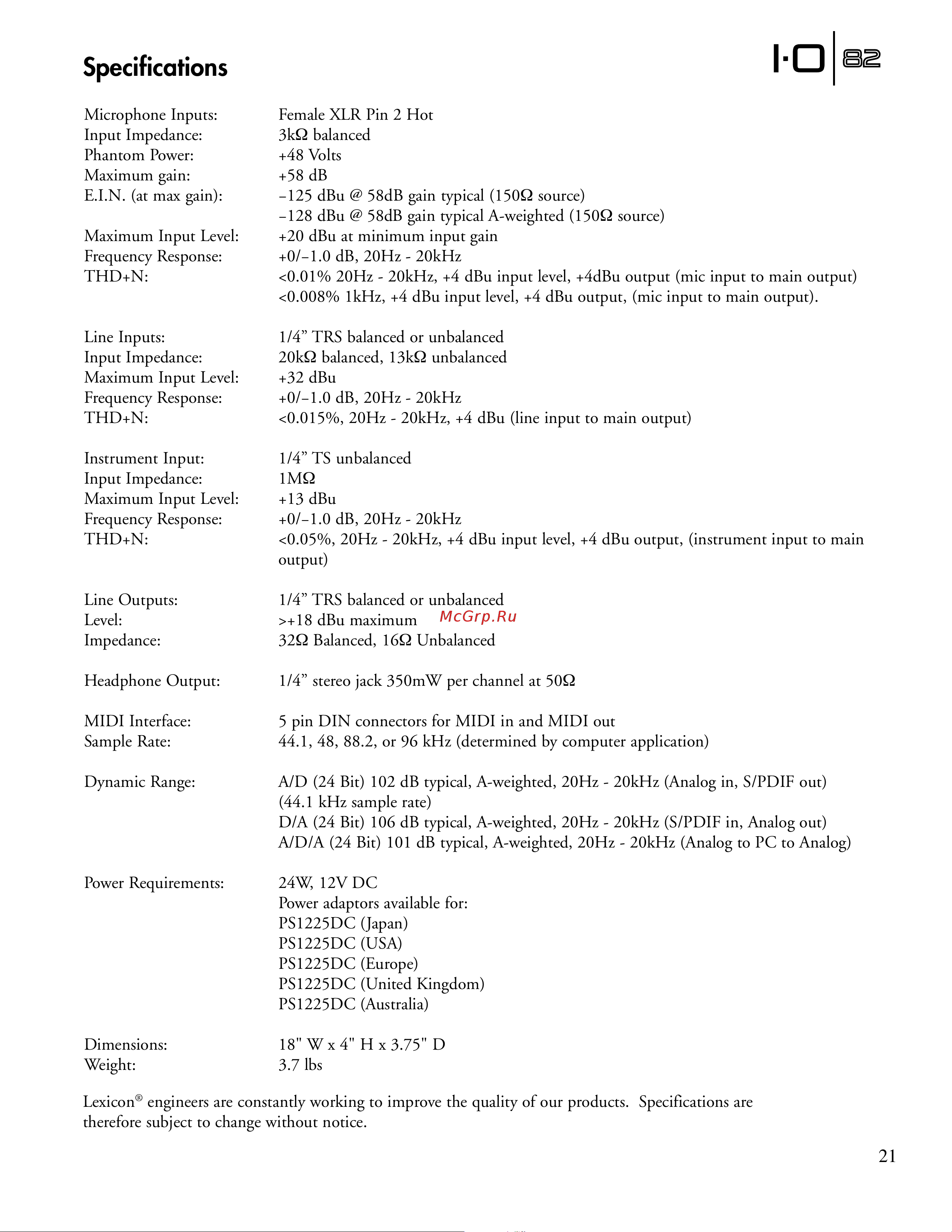 Lexicon IO82 [27/28] Specifications