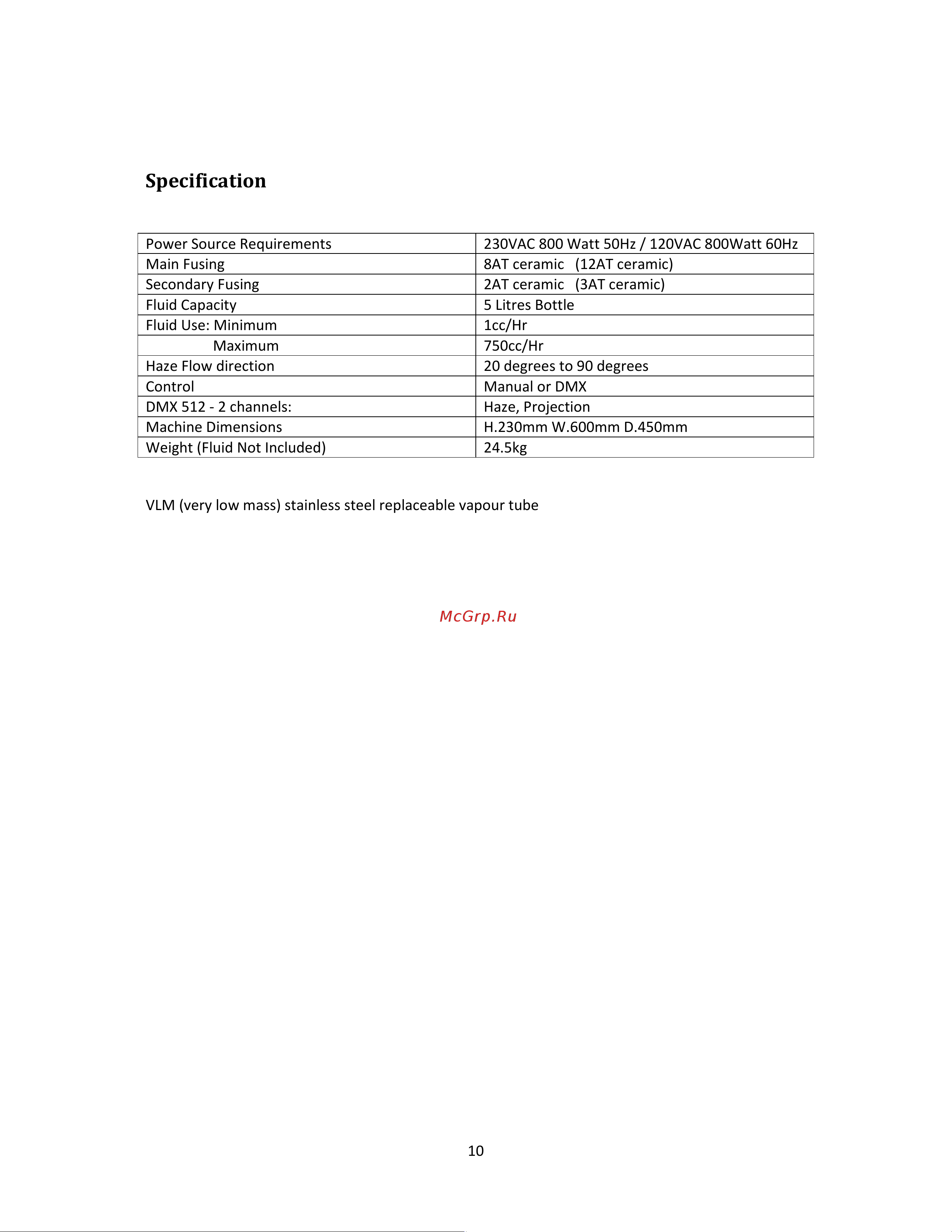 LE MAITRE HAZEMASTER [10/11] Specification