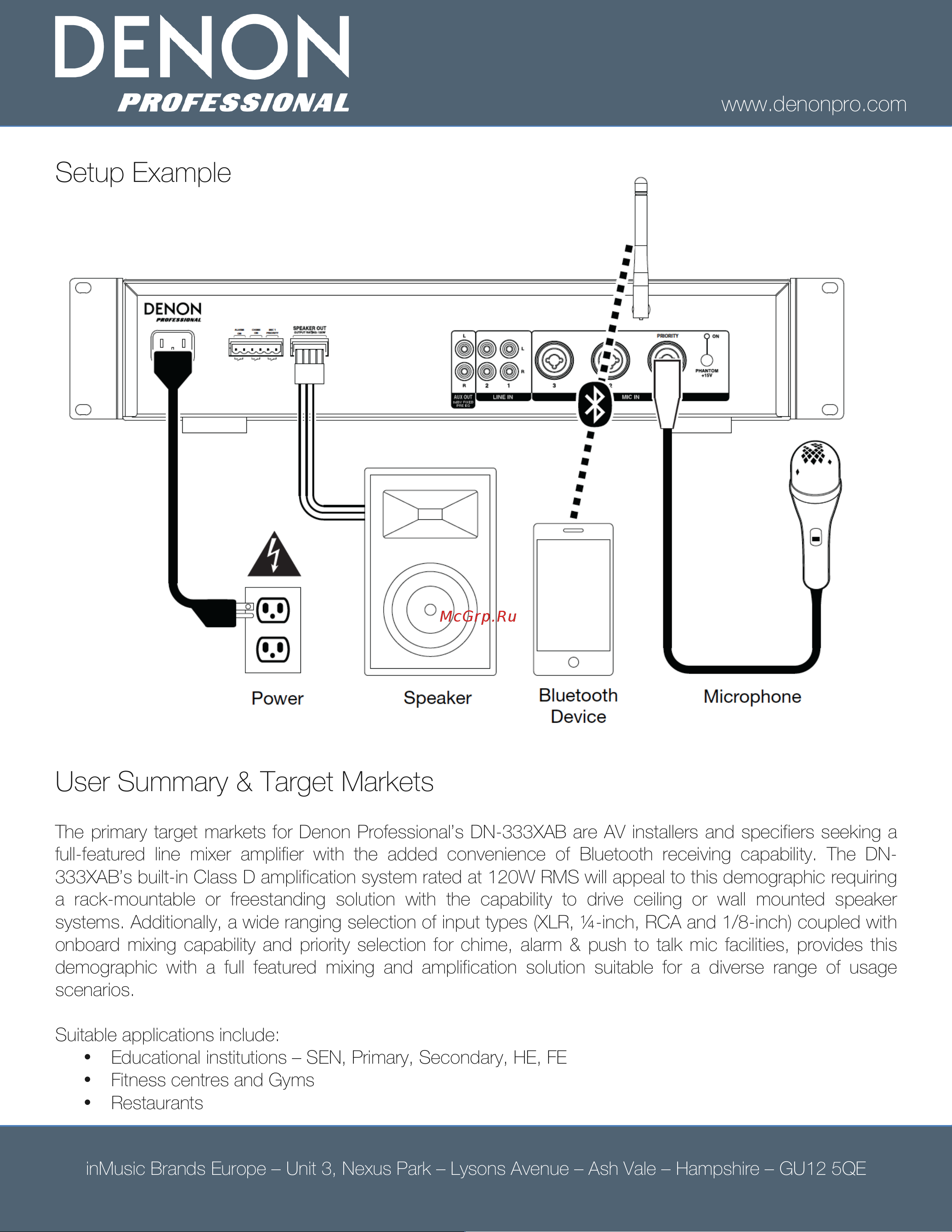 Denon DN-333XAB [3/4] Setup example user summary target markets