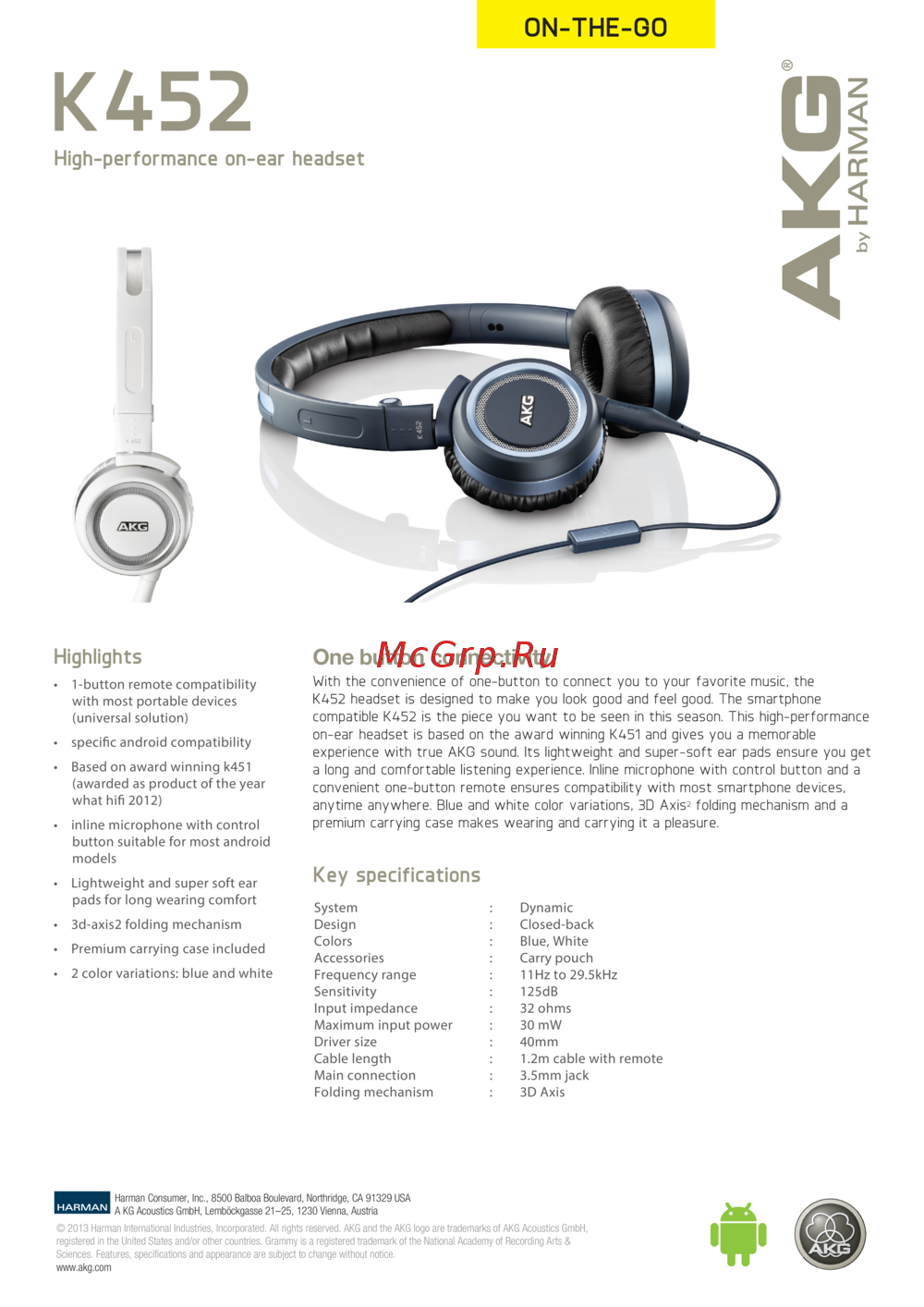 AKG K452 WH Руководство по эксплуатации