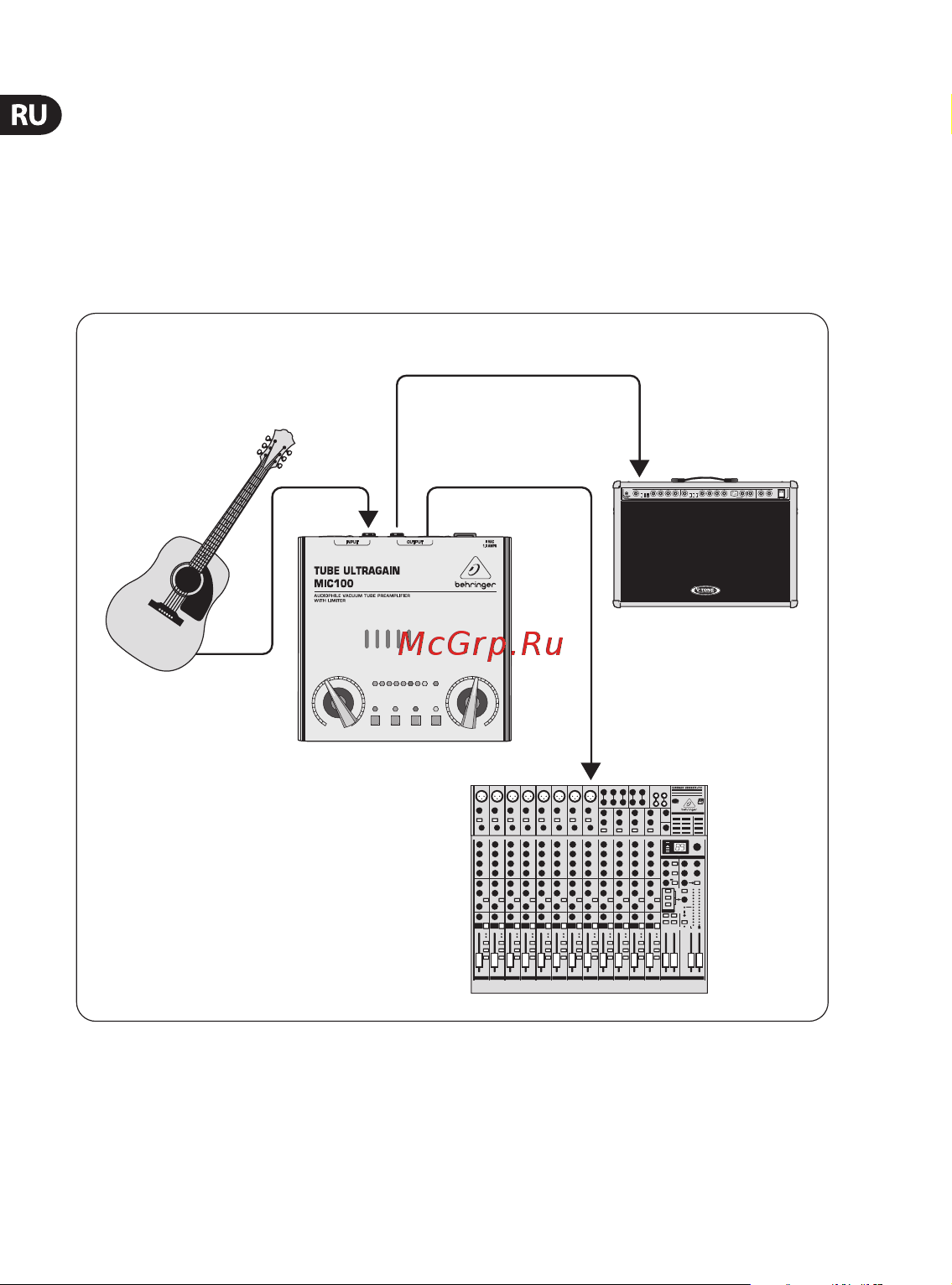 Behringer TUBE ULTRAGAIN MIC100 [14/20] Mic100 может быть использован в качестве di бокса если например у вас есть восприимчивый к посторонним шумам сигнал акустиче ской гитары то благодаря использованию mic100 можно получить симметричный сигнал без помех