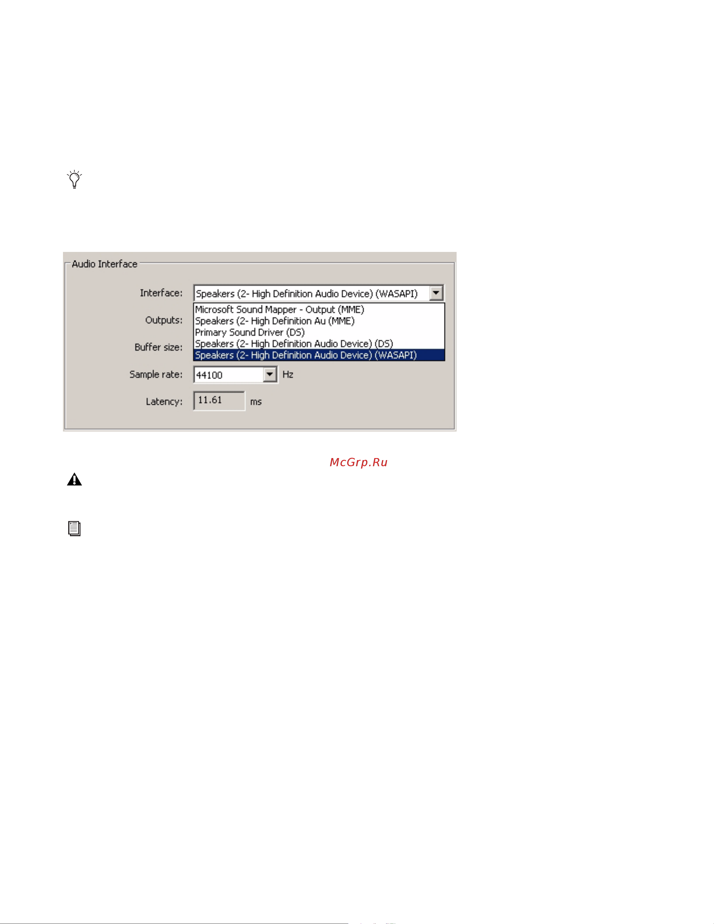 M-Audio Keystation Mini 32 [30/45] Clicking on the arrow found immediately to the right of the current driver name reveals a popup menu con taining a list of additional drivers to choose from with this in mind windows users should choose an asio audio stream input output driver if available if asio is not available and you are using windows vista or windows 7 you may notice at least one available wasapi windows audio session api driver regard less of which operating system you re using you should select a driver that offers the lowest latency
