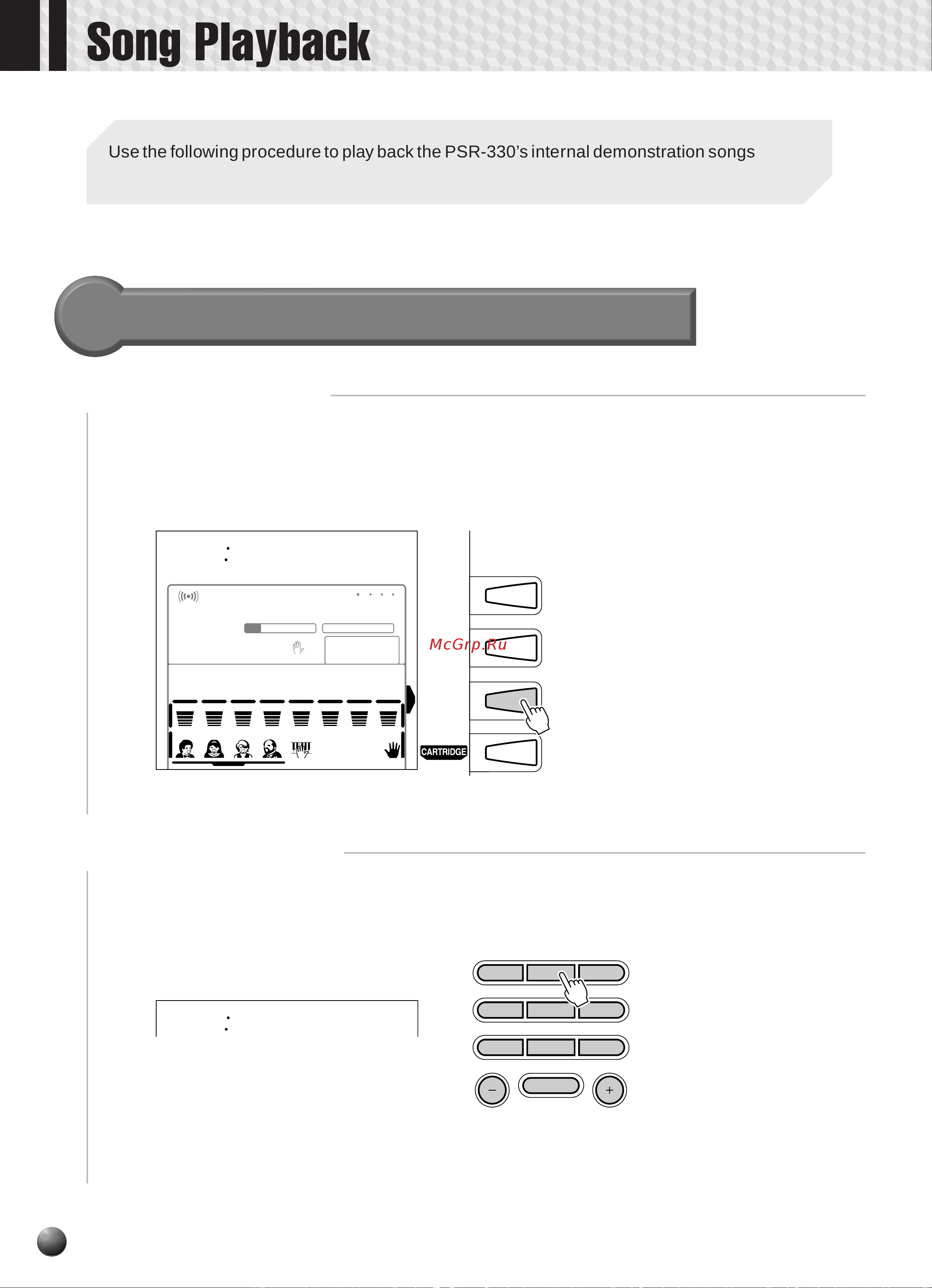 Yamaha PSR-330 [46/90] If necessary use the and or number buttons to select the song number you want to play the song number can also be incremented by pressing the song button press briefly to increment by one or hold for continuous incrementing