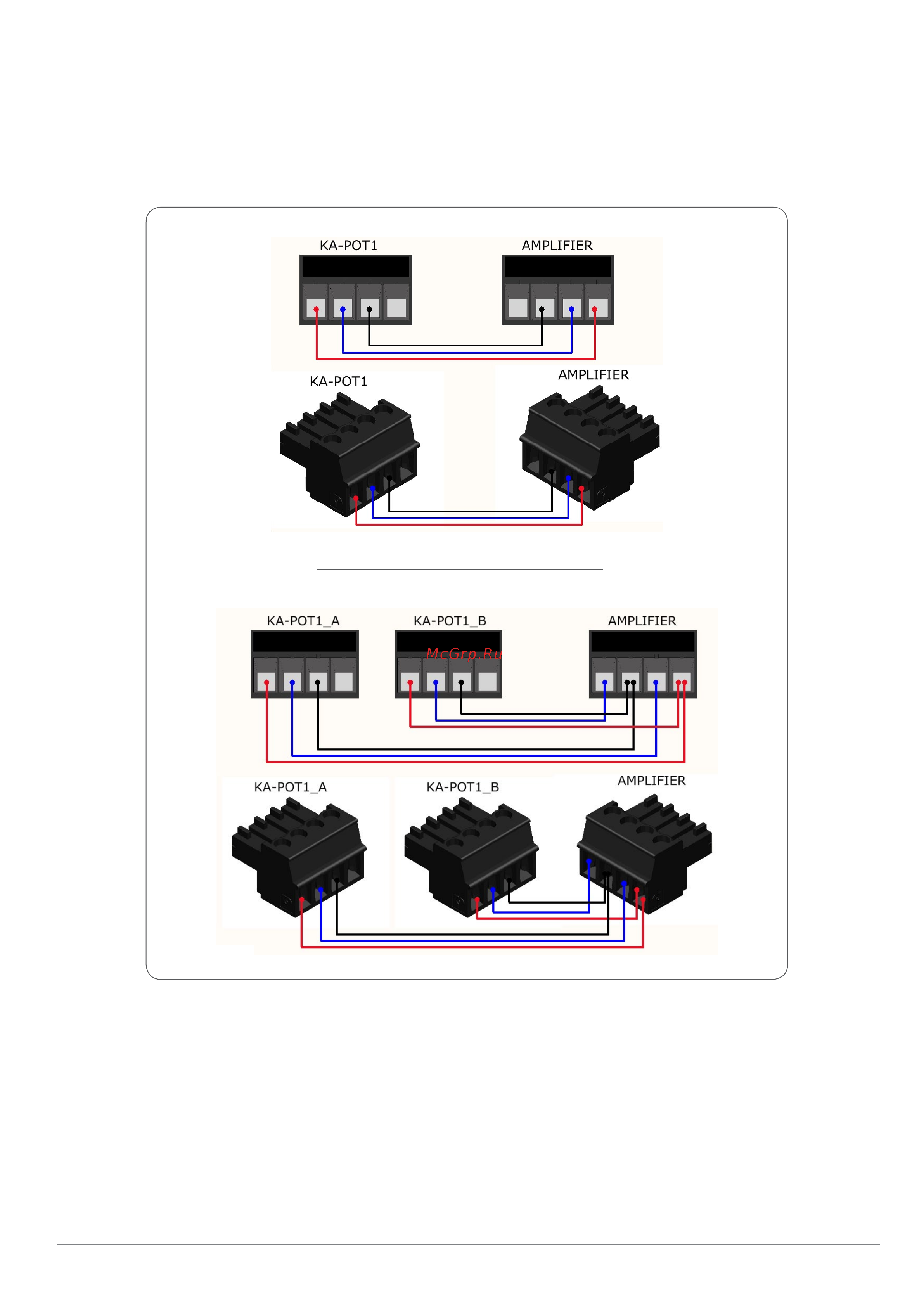 K-ARRAY KA24 [19/22] Follow the wiring scheme below to connect the 4 pin connector plugs follow the scheme on the top if you own only one ka pot1 and the one on the bottom if you own two ka pot1 then insert one plug in the pcb and the other into the gpio port on the amplifier