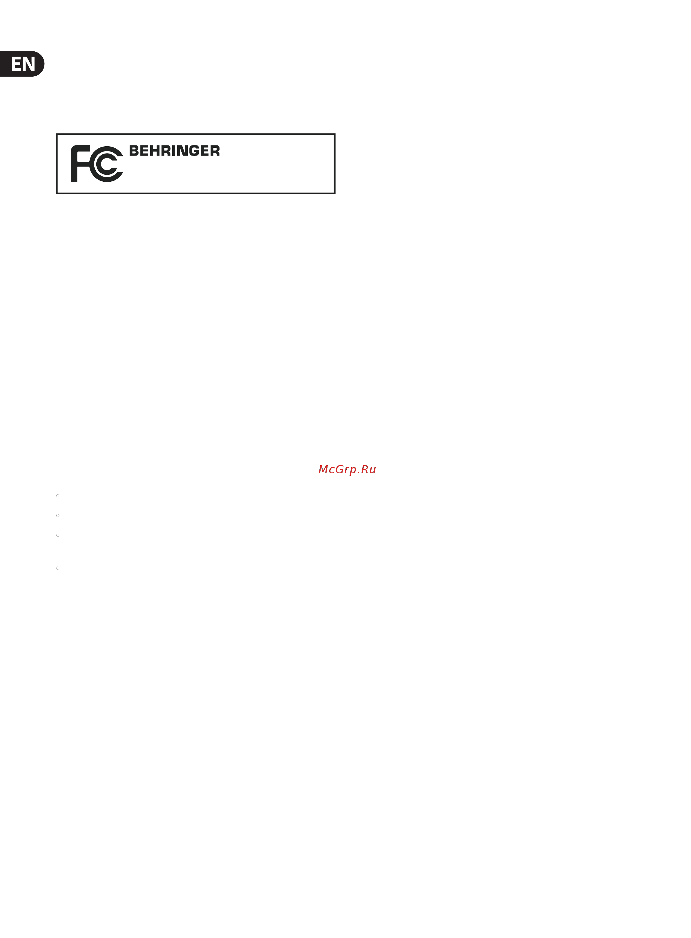 Behringer SX2442FX EURODESK [20/21] Federal communications commission compliance information