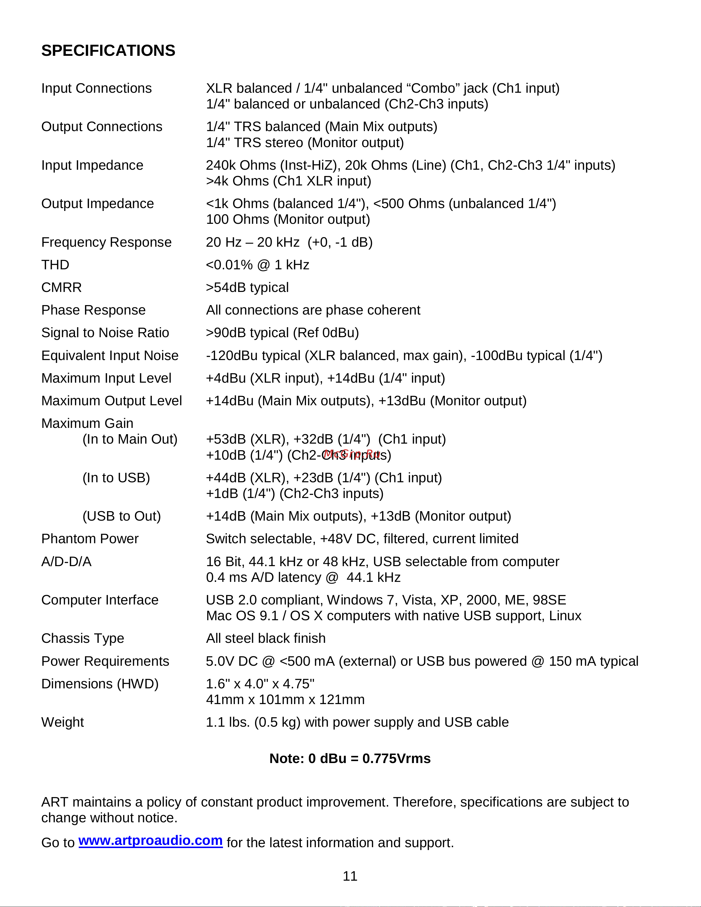 Art USBMix [11/12] Specifications