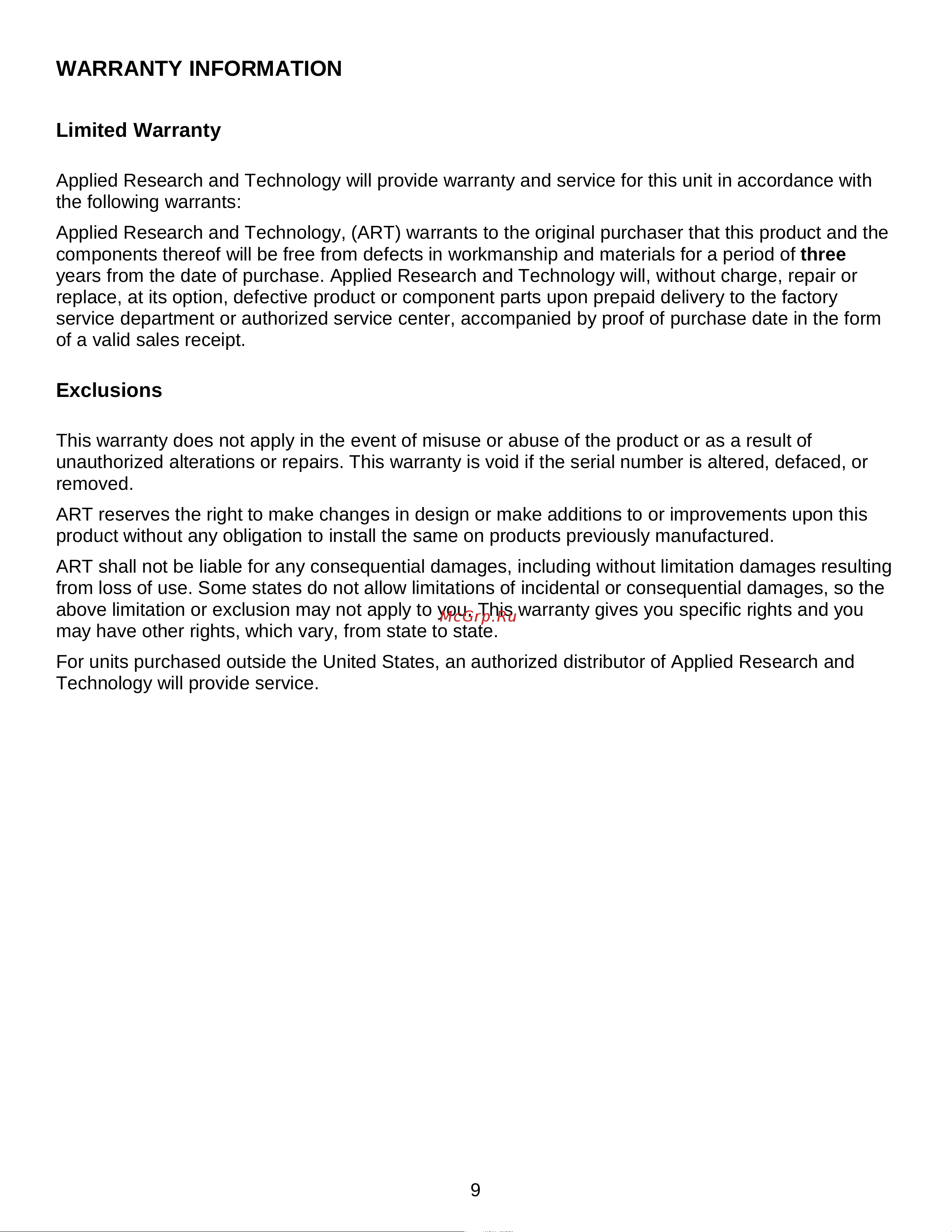 Art USBMix [9/12] Warranty information
