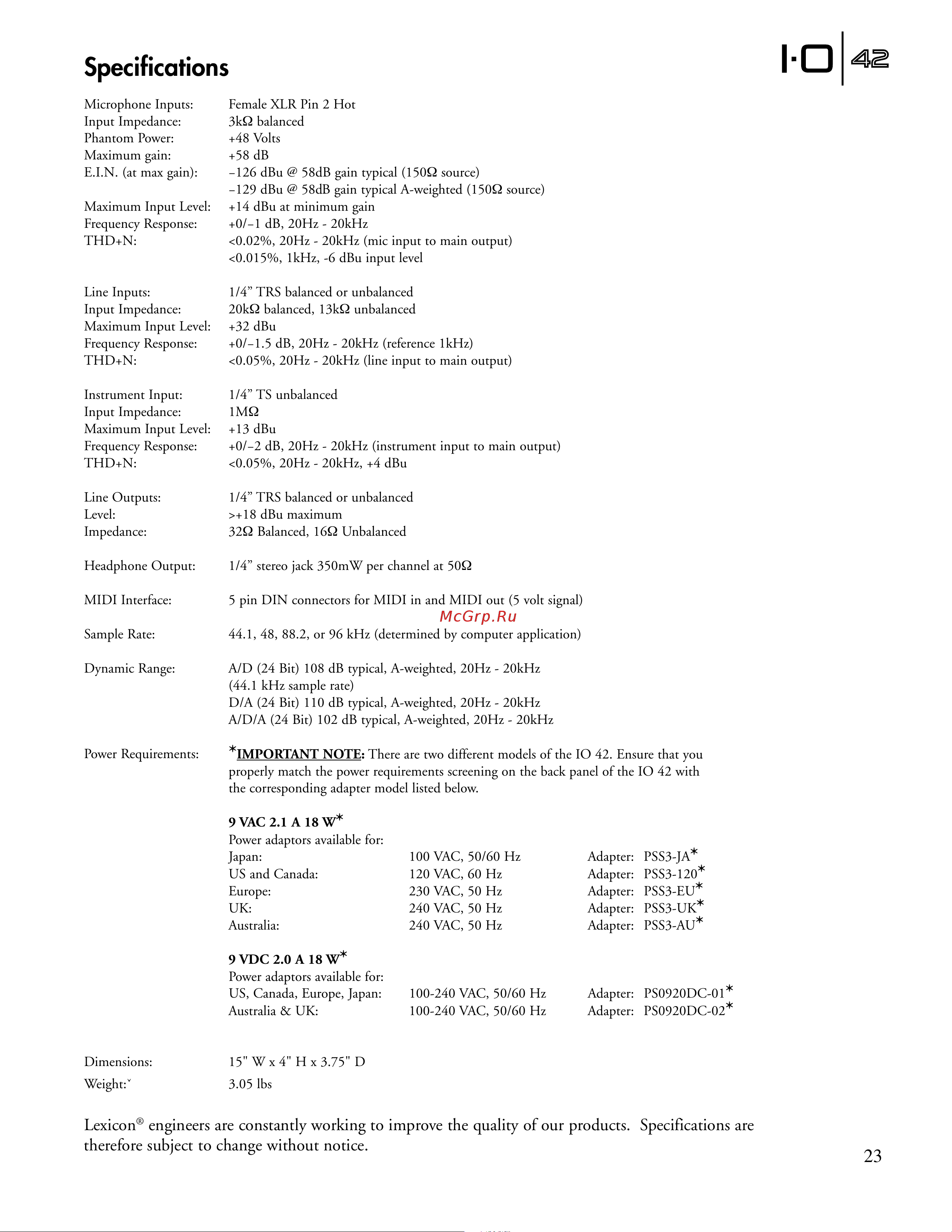 Lexicon IO42 [29/32] Specifications