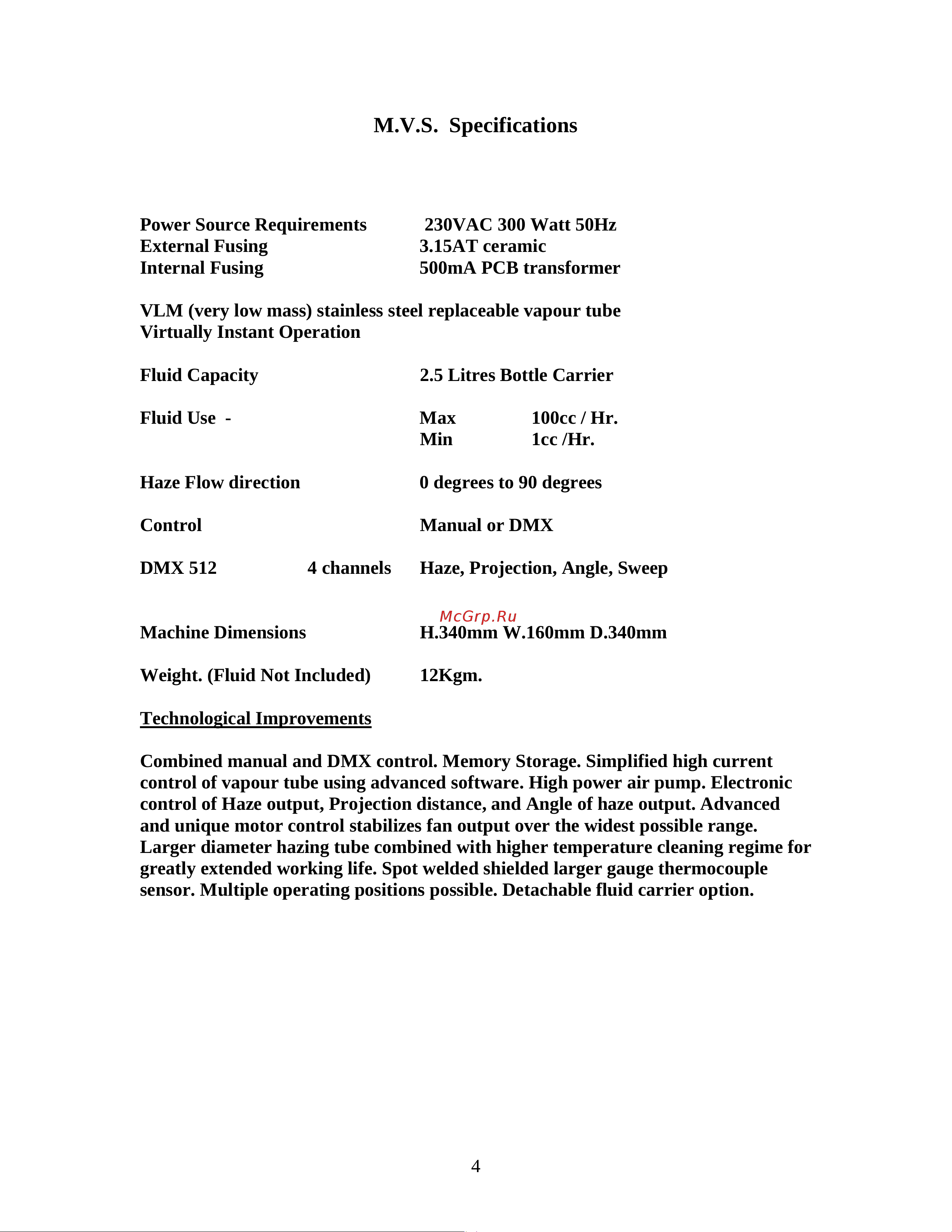 LE MAITRE MVS HAZER [4/11] M v s specifications