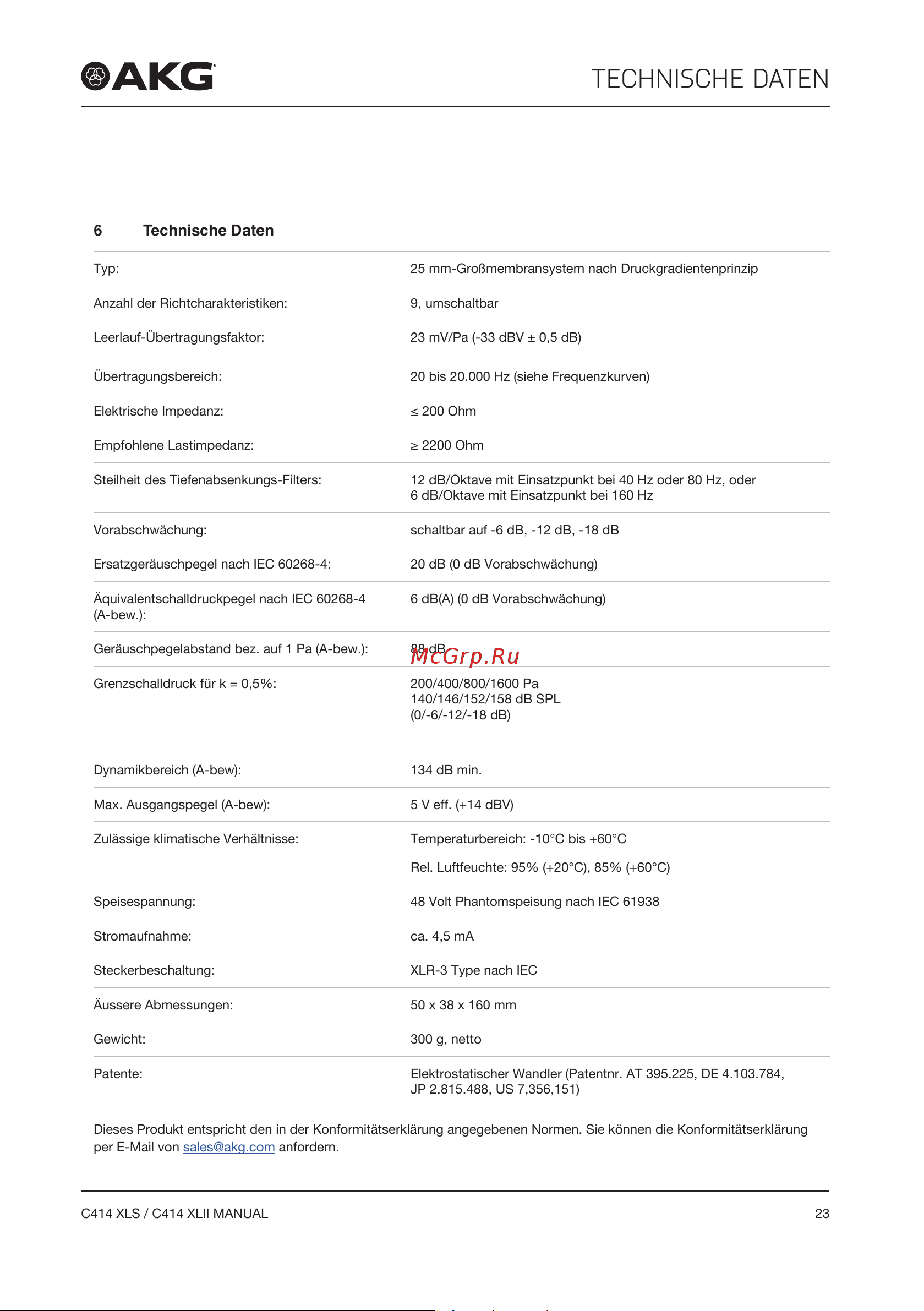 AKG C414XLII [23/96] Technische daten