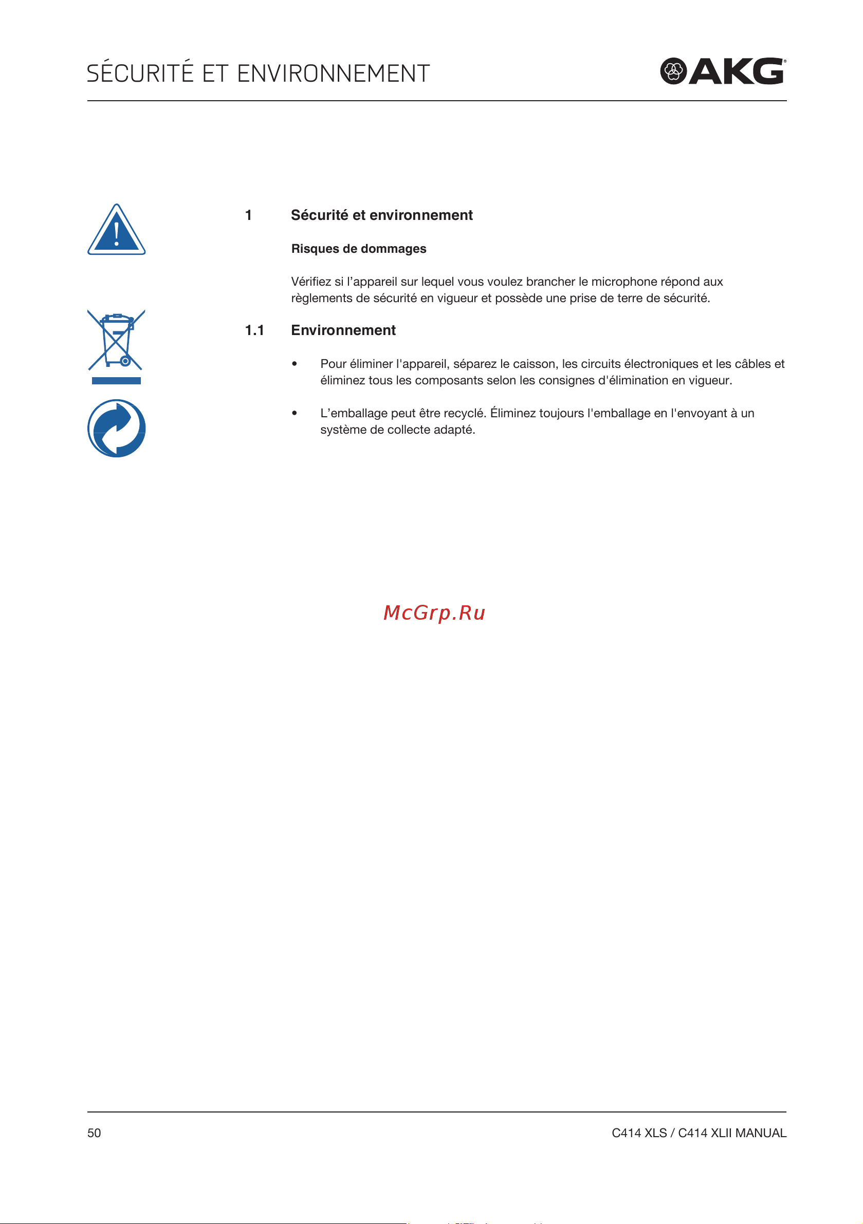 AKG C414XLII [50/96] Sécurité et environnement