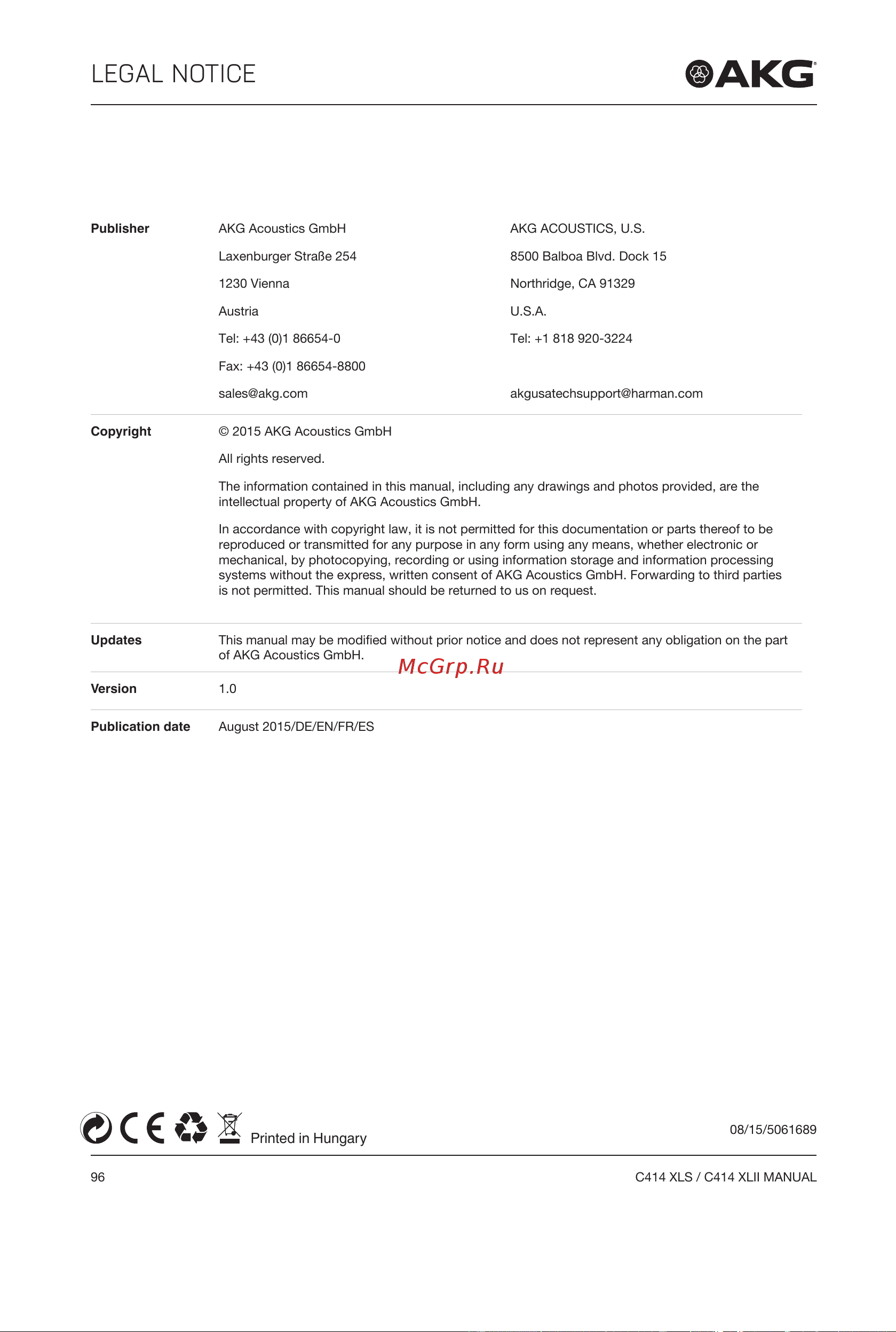 AKG C414XLII [96/96] Legal notice