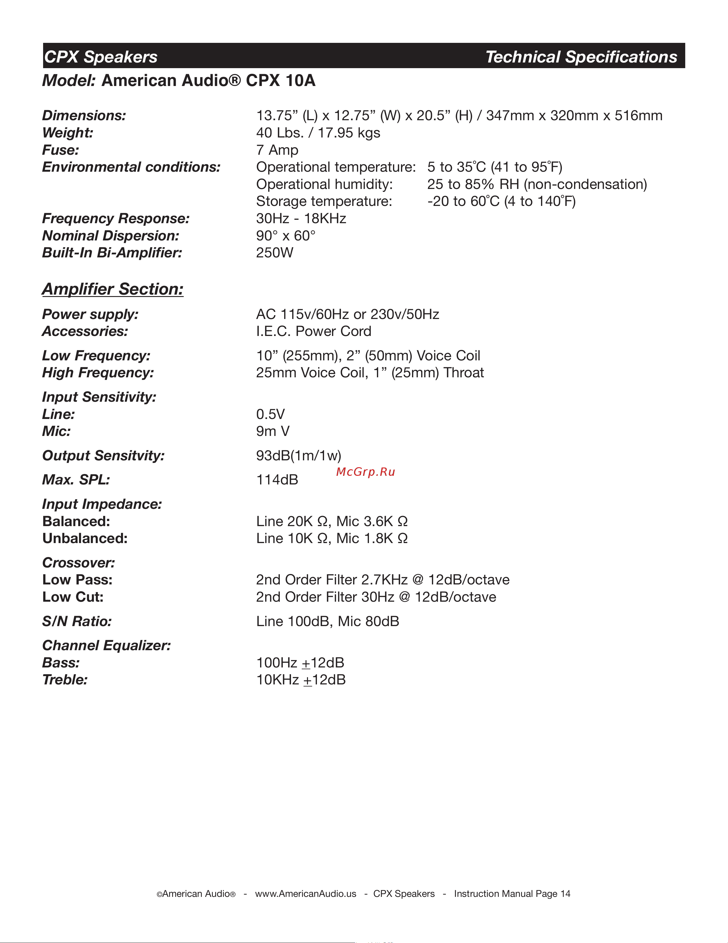 ADJ CPX 15A [14/17] Cpx speakers technical specifications