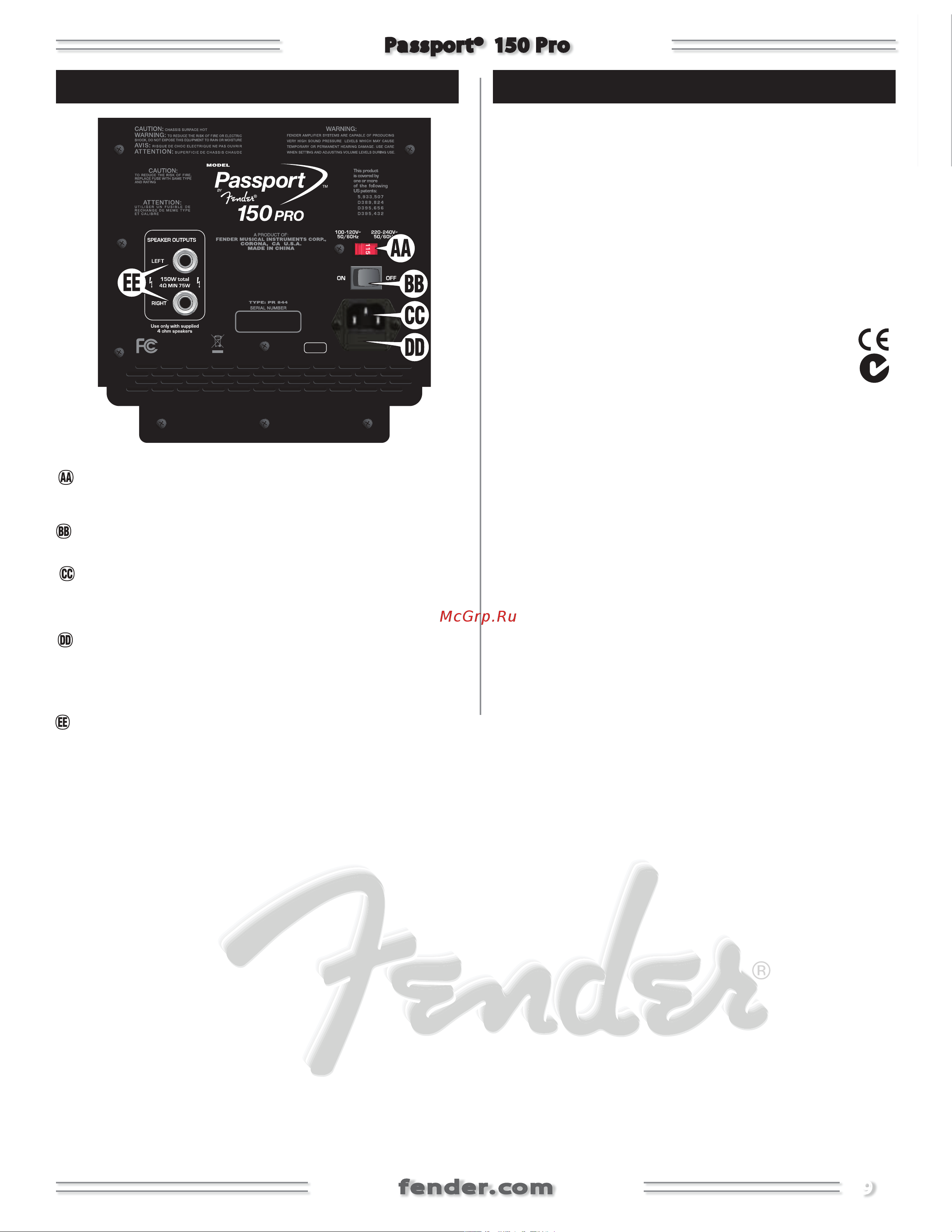 Fender PASSPORT 150 PRO [6/6] Выходы динамиков подключите к ним динамики passport с помощью прилагаемых кабелей